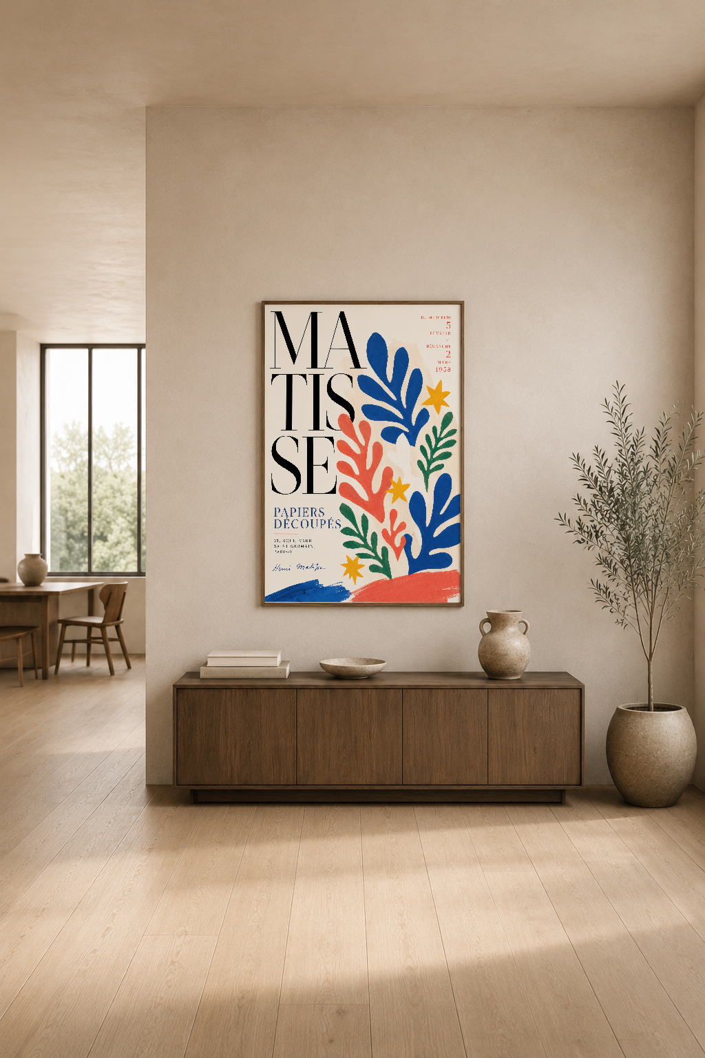Canlı mavi, koral ve yeşil yapraklarla süslü Matisse posteri, ahşap dolabın üstünde modern elegans sunuyor.