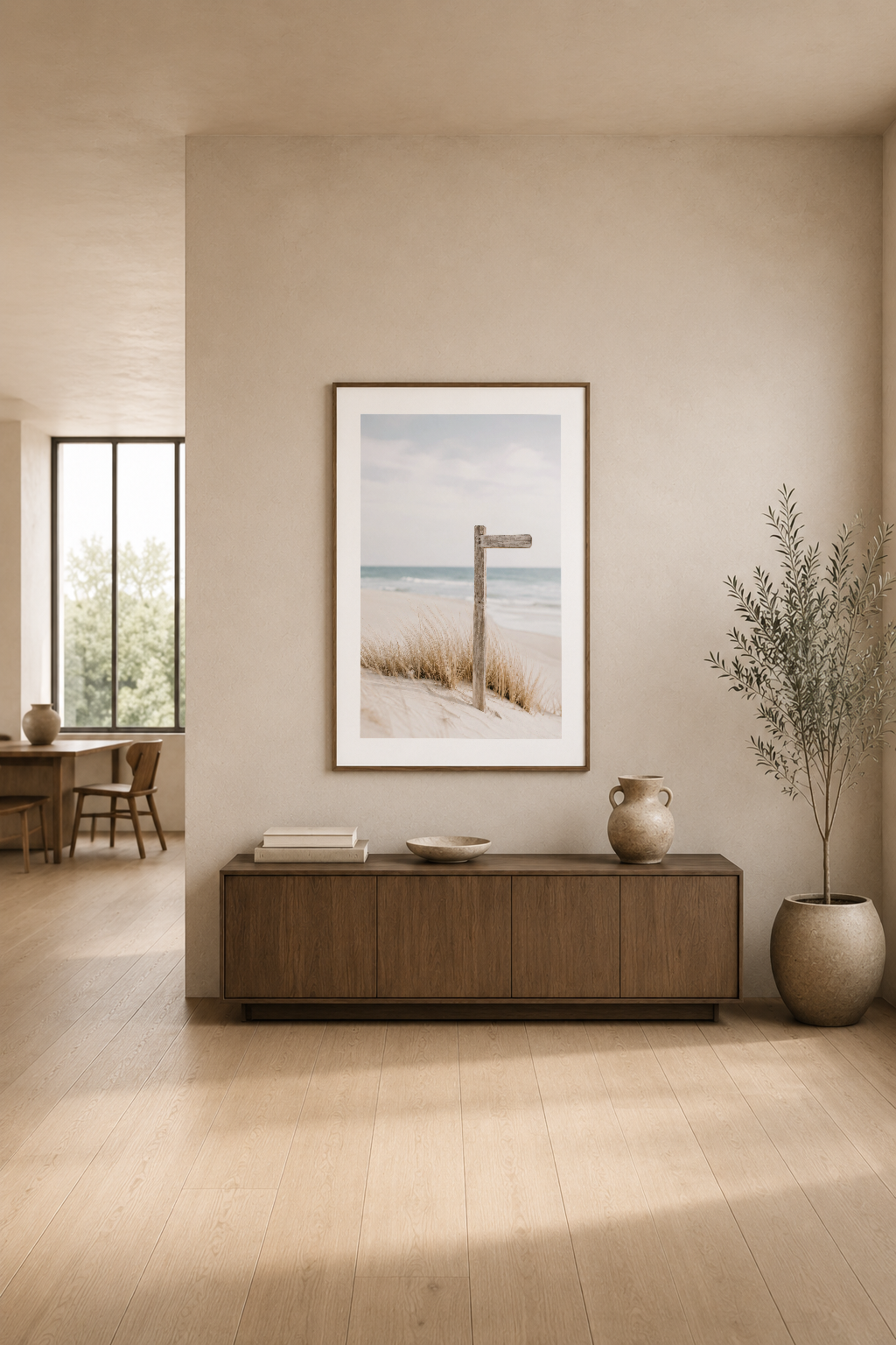 Plaj yolunu gösteren modern poster, beige oturma alanında konsol üzerinde, sakin ve şık dekorasyon tamamlıyor.