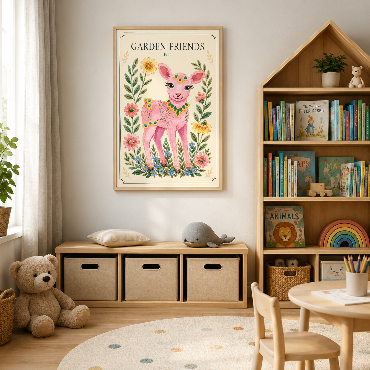 Garden Friends tablosu, ahşap çerçeveli, çocuk kütüphanesi ve oyuncaklar arasında asılı durumda.
