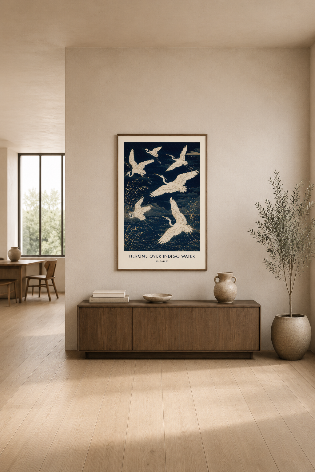 Minimalist iç dekorasyonda, tepside duran masif balık baskısı ile doğal uyum.