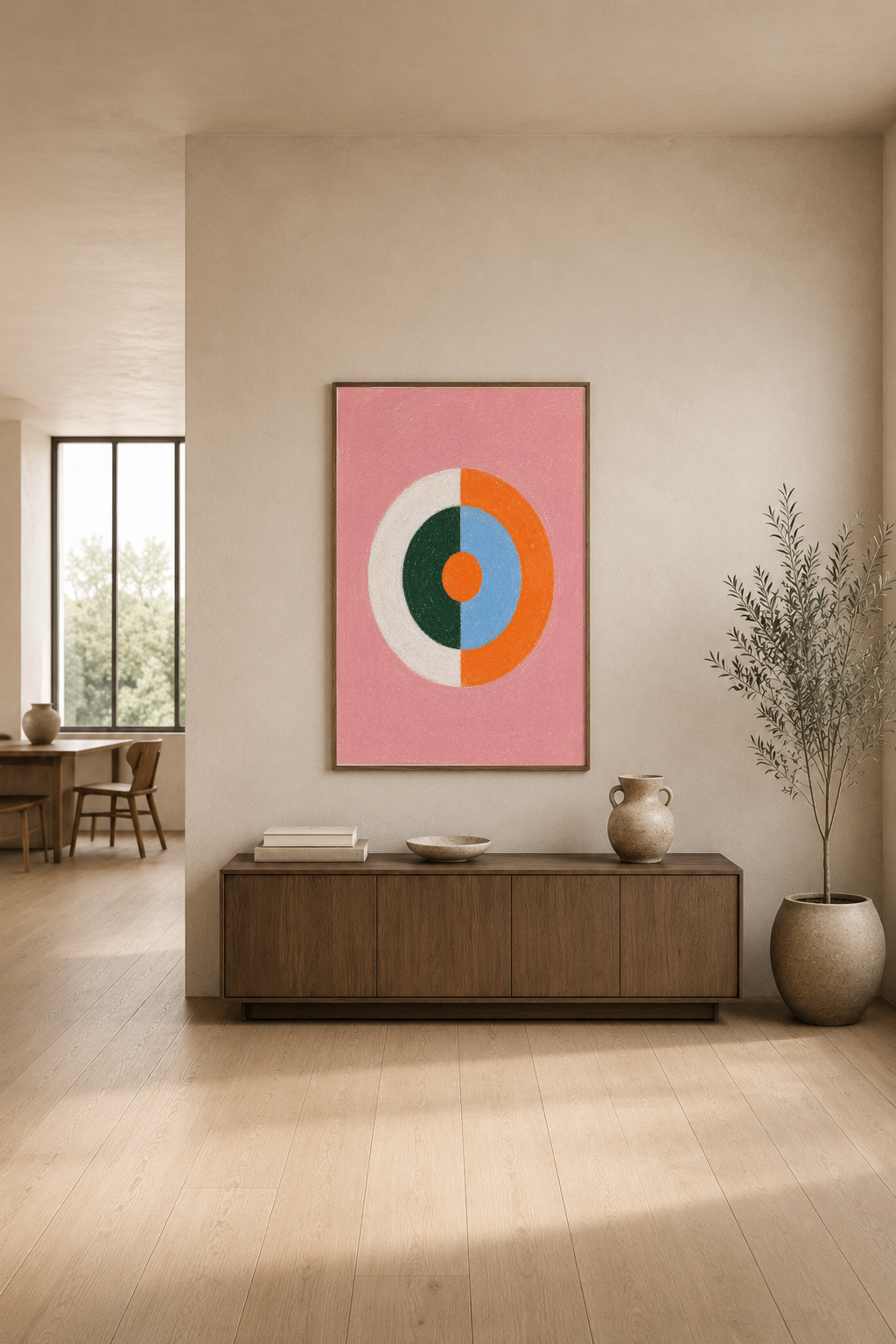 Oturma odasının duvarında asılı, pembe arkaplan ve çok renkli daire motifli sanat baskısı, nötr dekorasyonla uyumlu.