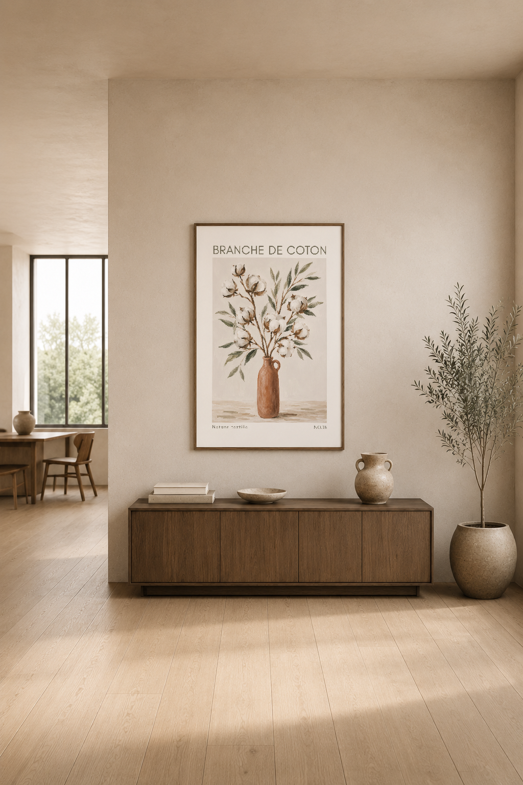Açık ahşap iç mekan dekorasyonunda, komod üstünde sergilenen doğal stilize pamuk dalı poster tasarımı.