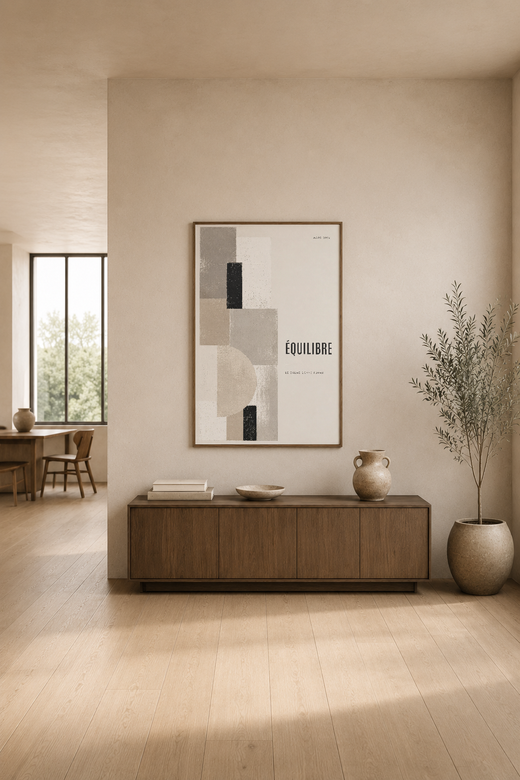 Equilibre poster, oturma odasının konsol üstünde, sade ve zarif iç tasarımla uyumlu minimalist sanat.
