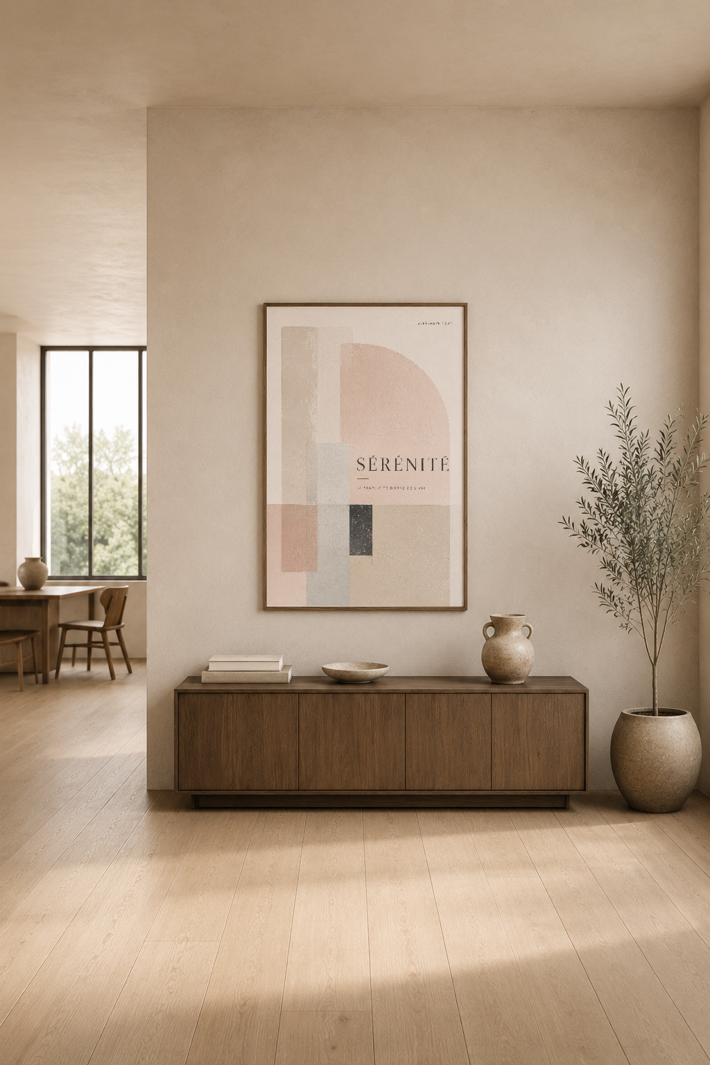 Sérénité posteri, modern oturma alanında dolabın üstünde, nötr tonlarla minimalist dekorasyon tamamlar.