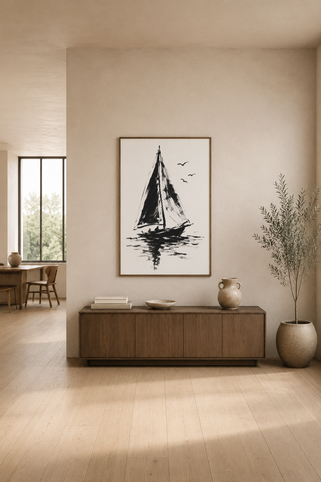Yelkenli tekne sanat baskısı, Modern oturma odasında TV ünitesinin üstünde sergilenen çizim.