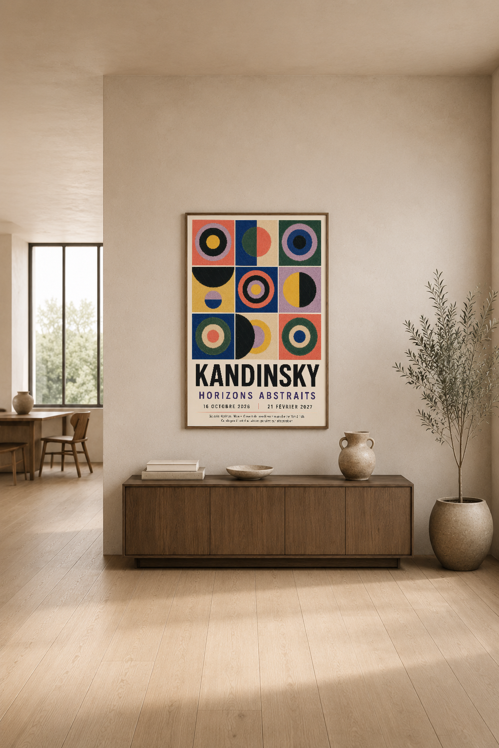 Kandinsky Horizons Abstraits tablosu, modern oturma odasında ahşap konsol üstünde, minimalist dekorasyonla uyumlu şekilde
