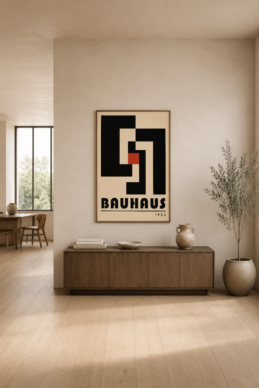 Bauhaus 1923 posterı, iç mekanda ahşap mobilya ve doğal ışık ile minimalist dekorasyon oluşturuyor.