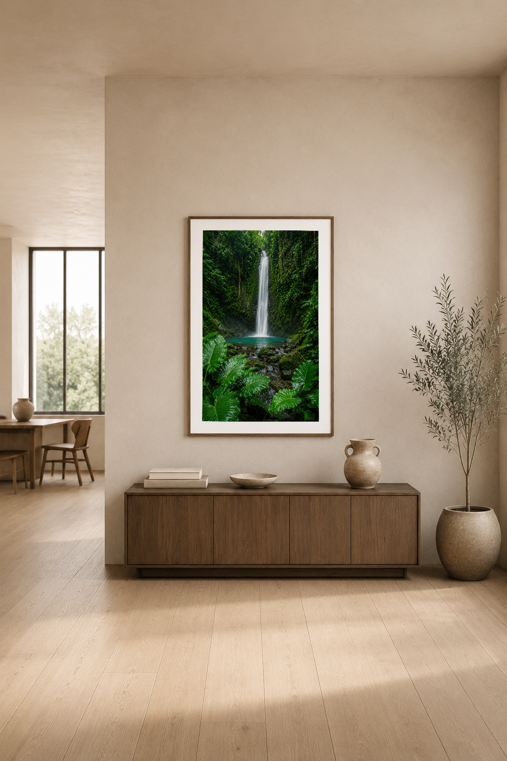Tropikal şelale posterinin sakin oturma alanında duvarı dekore ettiği, minimalist ahşap konsol üstü.