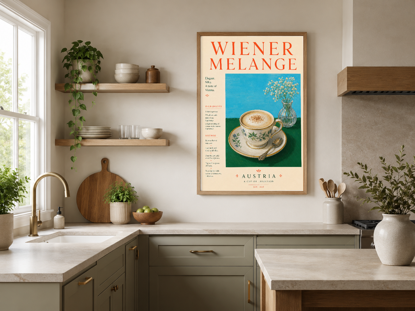 Wiener Melange tablosu, modern mutfakta sıcak ve nostaljik atmosfer oluşturuyor.