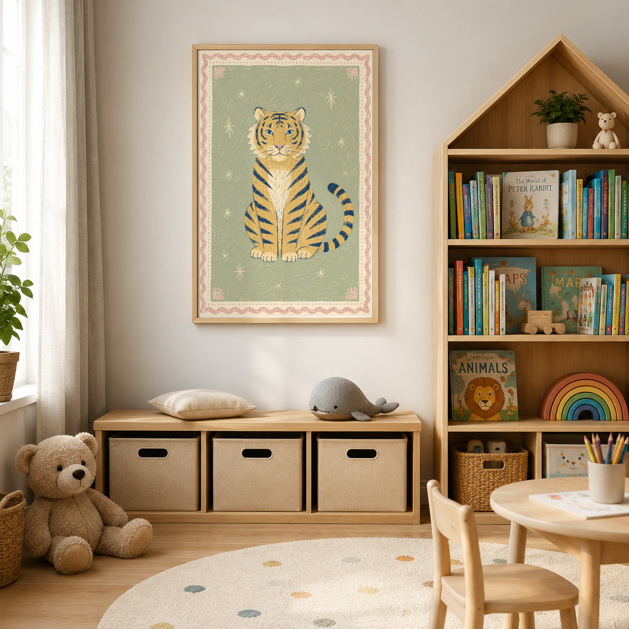 Krem ve yeşil renklerdeki kaplan portresi, çocuk odasının duvarında sanat aksesuarı olarak.
