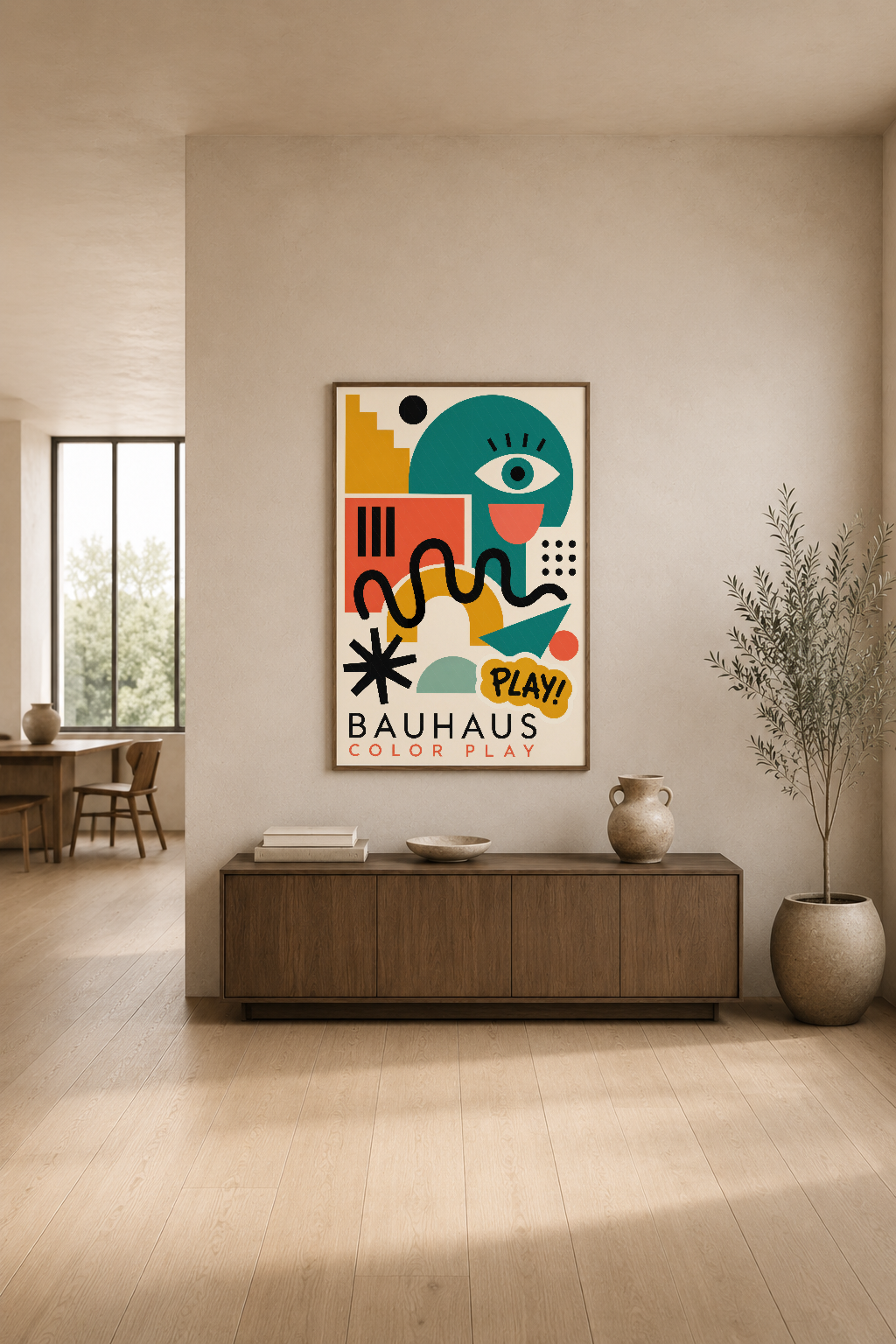 Bauhaus Color Play tasarımı, modern oturma odasında nötr dekorasyonun üzerinde sanat ve renk canlılığı getiriyor.
