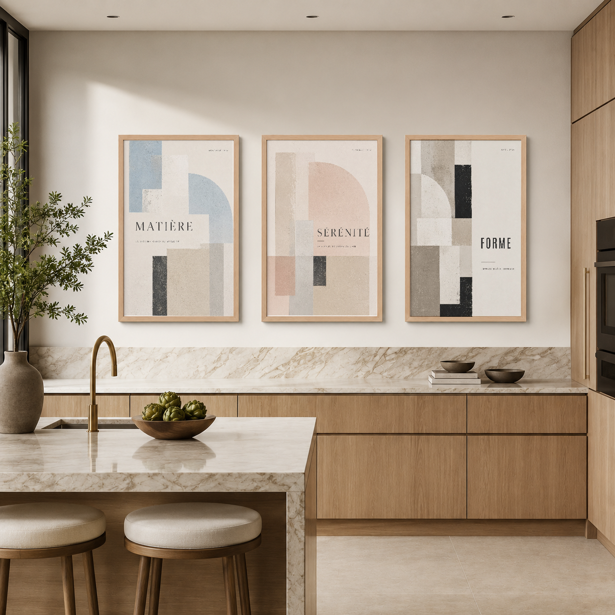 Matiere, Serenite ve Forme koleksiyonu, mutfak alanında mermer backsplash üzerinde, minimalist soyut tasarım ve doğal
