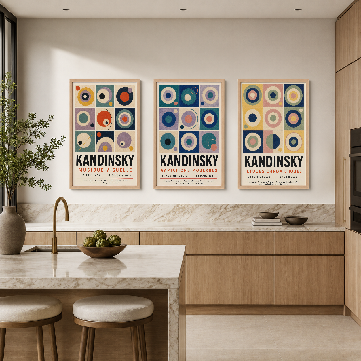 Kandinsky serisi üç parçalı poster, mutfak adanızın üstündeki duvarı modern ve sanatsal bir şekilde süsleyen.