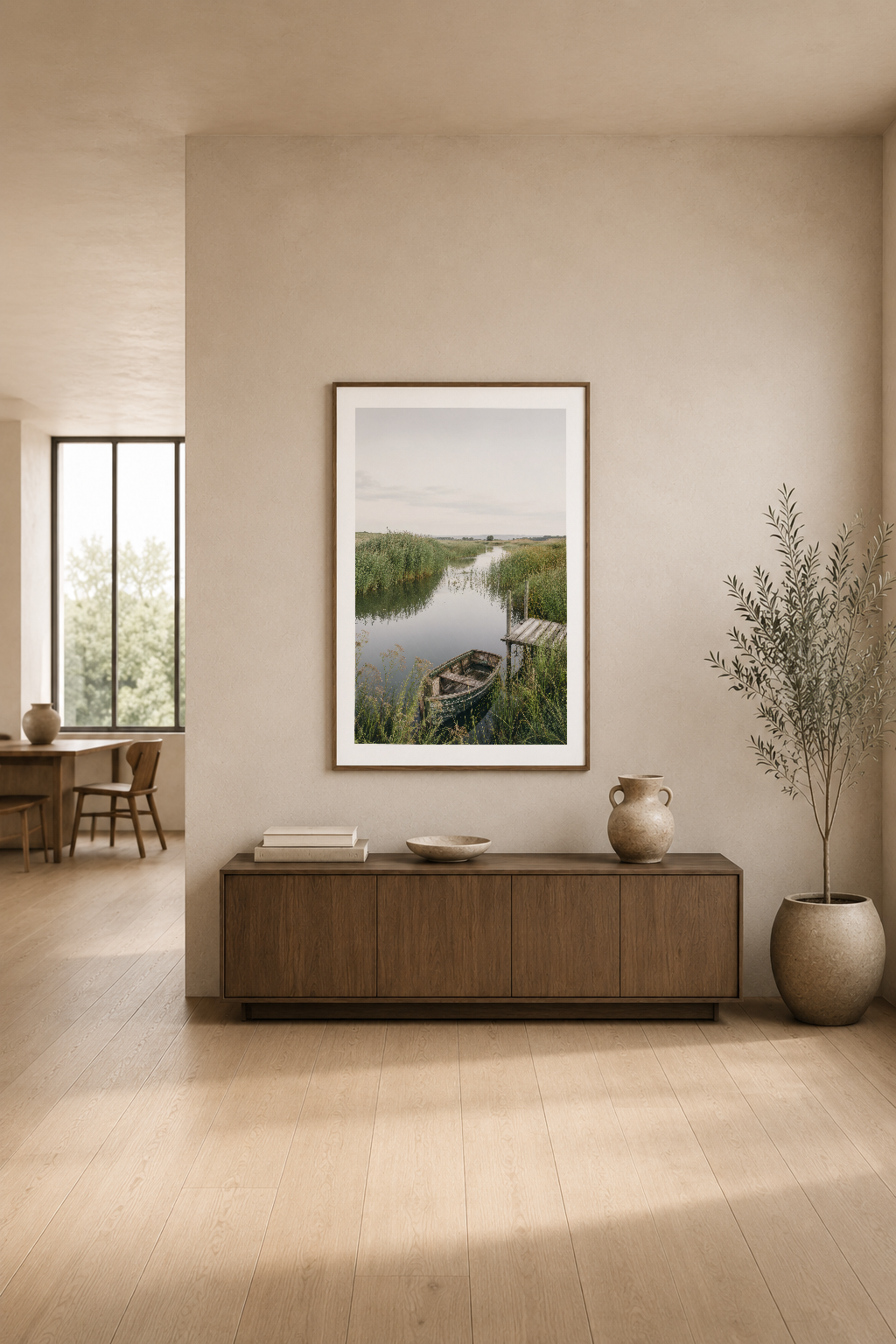 Yeşil saz tarlalarında ahşap teknesi gösteren doğa fotoğrafı, modern oturma alanının duvarında.
