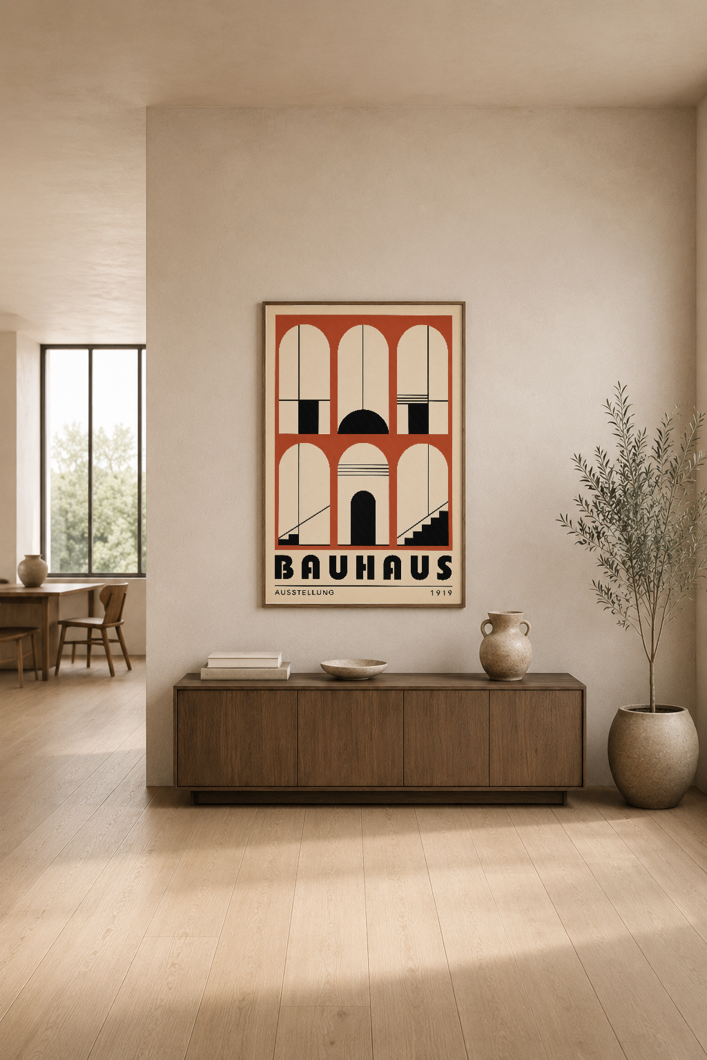 Bauhaus eksibisyon posteri, ışınları alan geniş pencerenin yanında modern oturma alanında sergilenen sanat yapıtı.