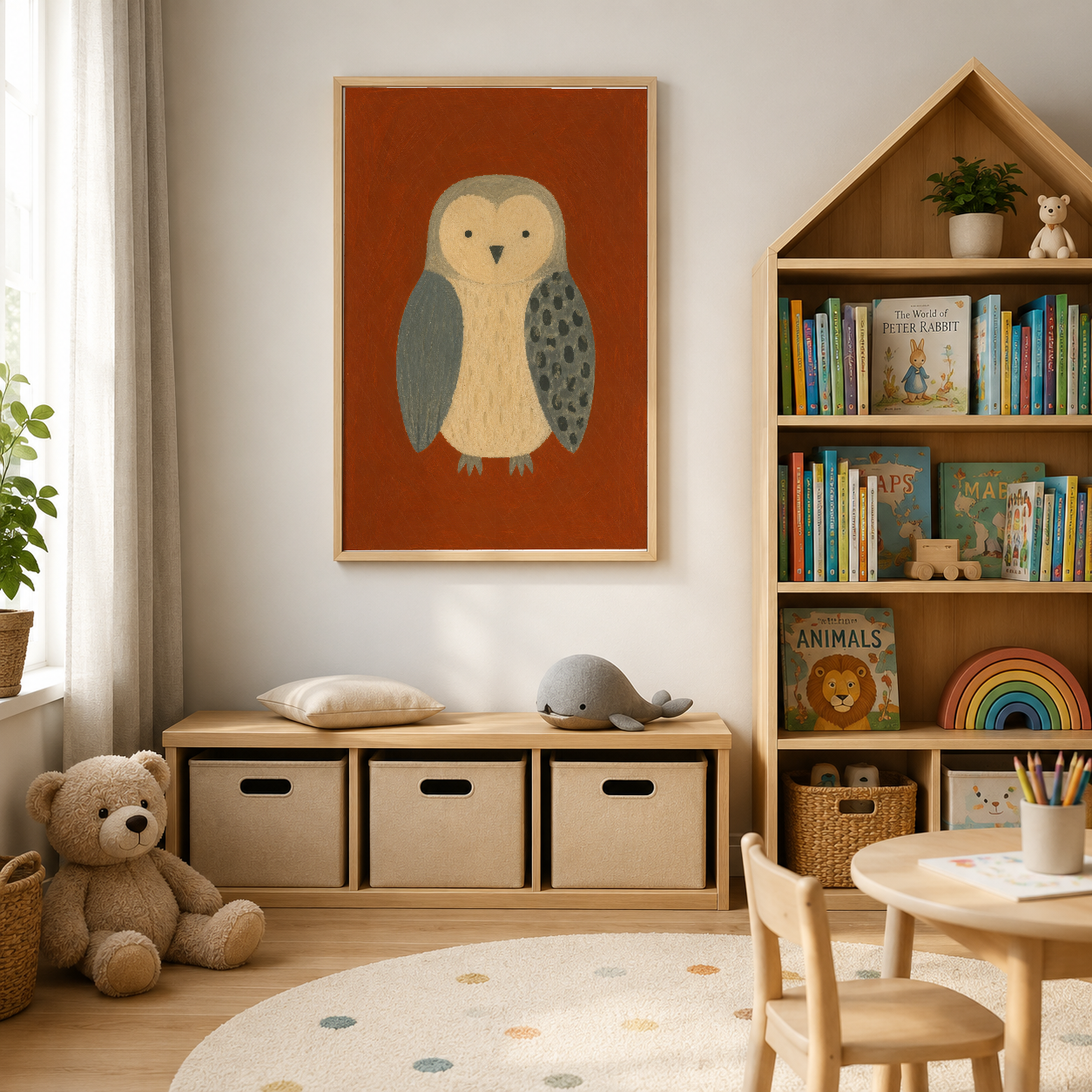 Sıcak tonlu baykuş motifli ahşap çerçeveli duvar posteri çocuk odası dekorasyonunda.