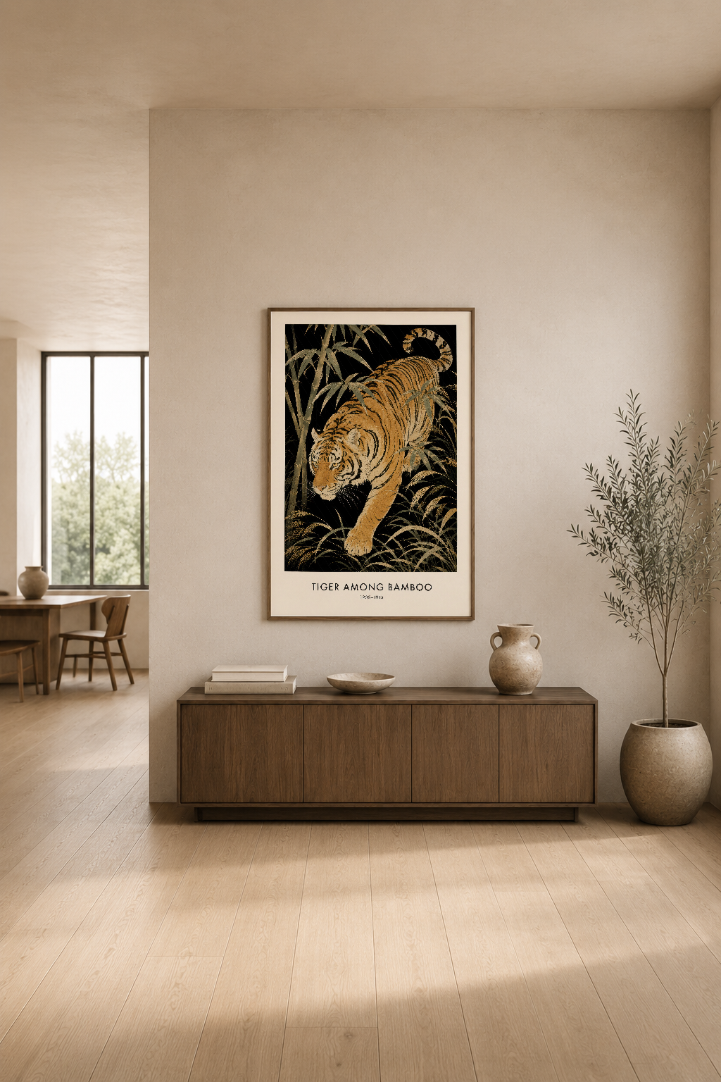 Hint sanatı stilinde kaplan ve bambu motifi, açık renkli modern yaşam odasında duvar tablosu olarak artistik şekilde
