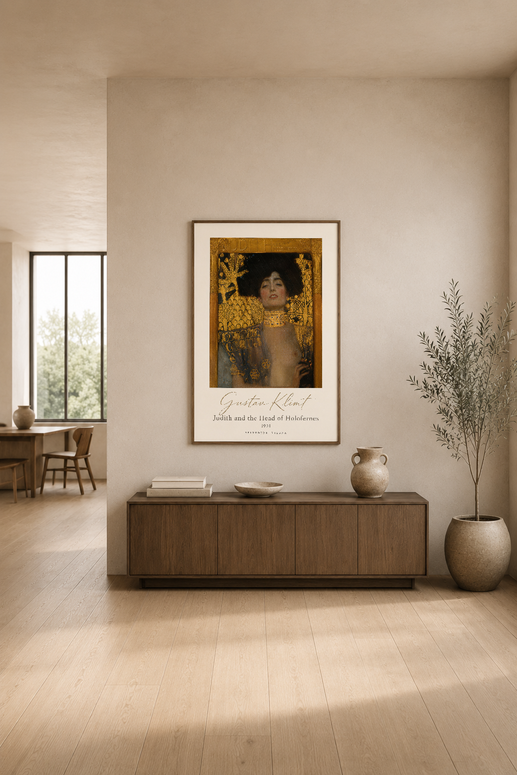 Judith and the Head of Holofernes posteri, modern oturma odasında düz bir duvarın merkezi noktasında yer alıyor.