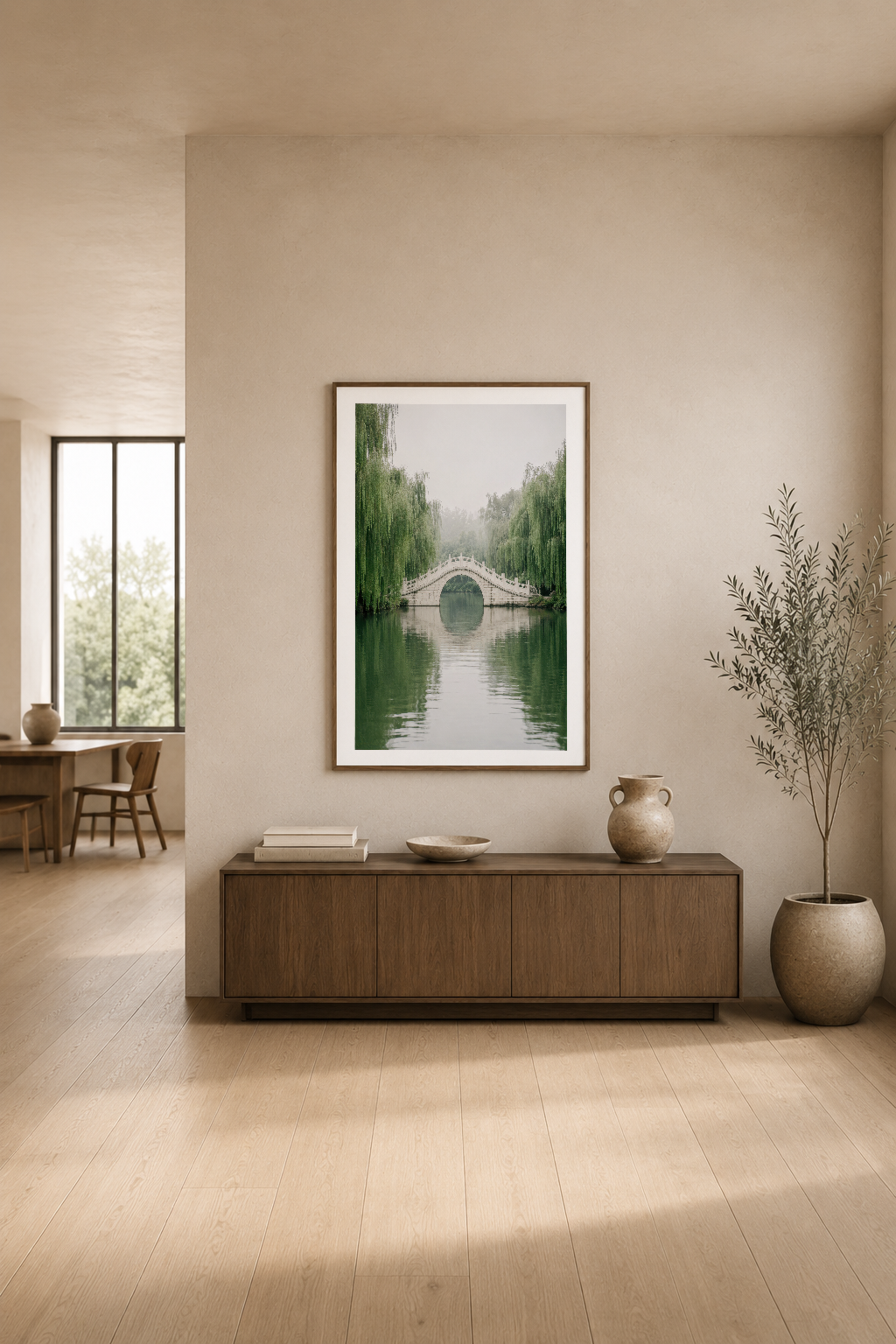 Modern oturma alanında, ahşap komoda üzerinde sergilenen huzurlu gölet ve köprü sahnesi duvar art prints.
