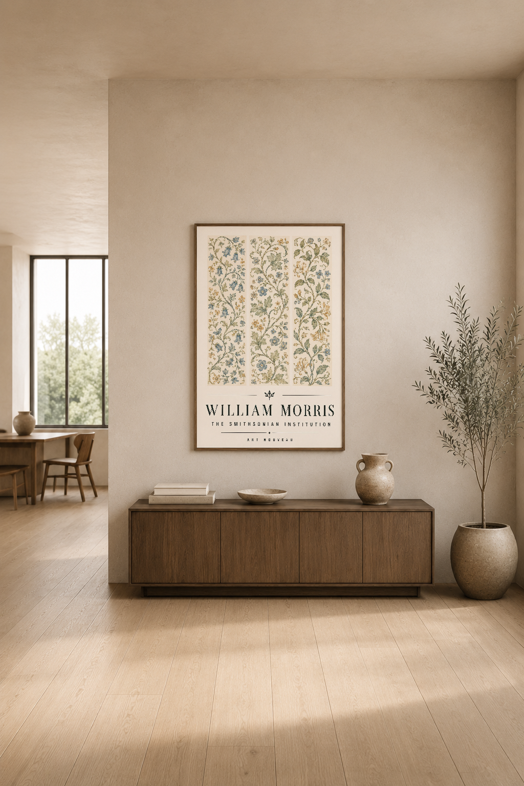 Art Nouveau tarzı William Morris bitkisel motifli poster, minimalist salon dekorasyonunda doğal ahşap mobilyaların üstünde.