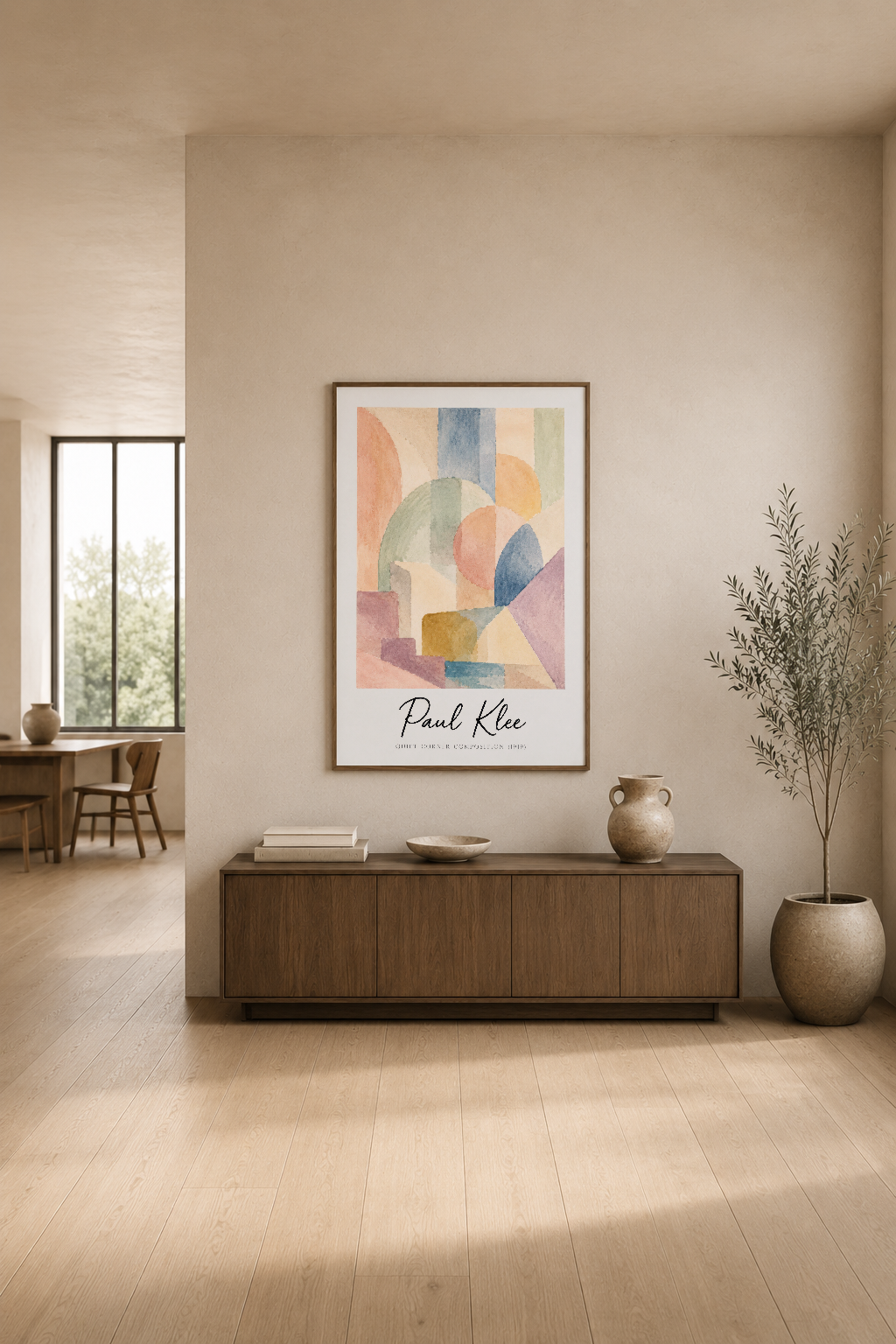 Pastel tonlardaki geometrik abstakt tablo, modern oturma odasının ahşap konsol üzerinde zarif bir şekilde konumlandırılmış.