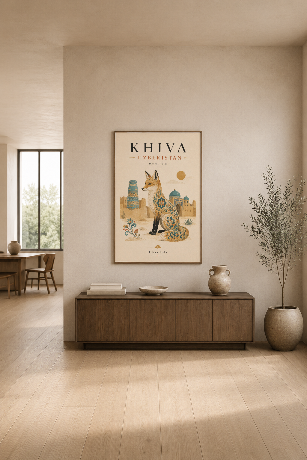 Khiva Özbekistan Desert Tiles posteri, modern oturma odasında ahşap konsol üstünde asılı dekoratif duvar tablosu.