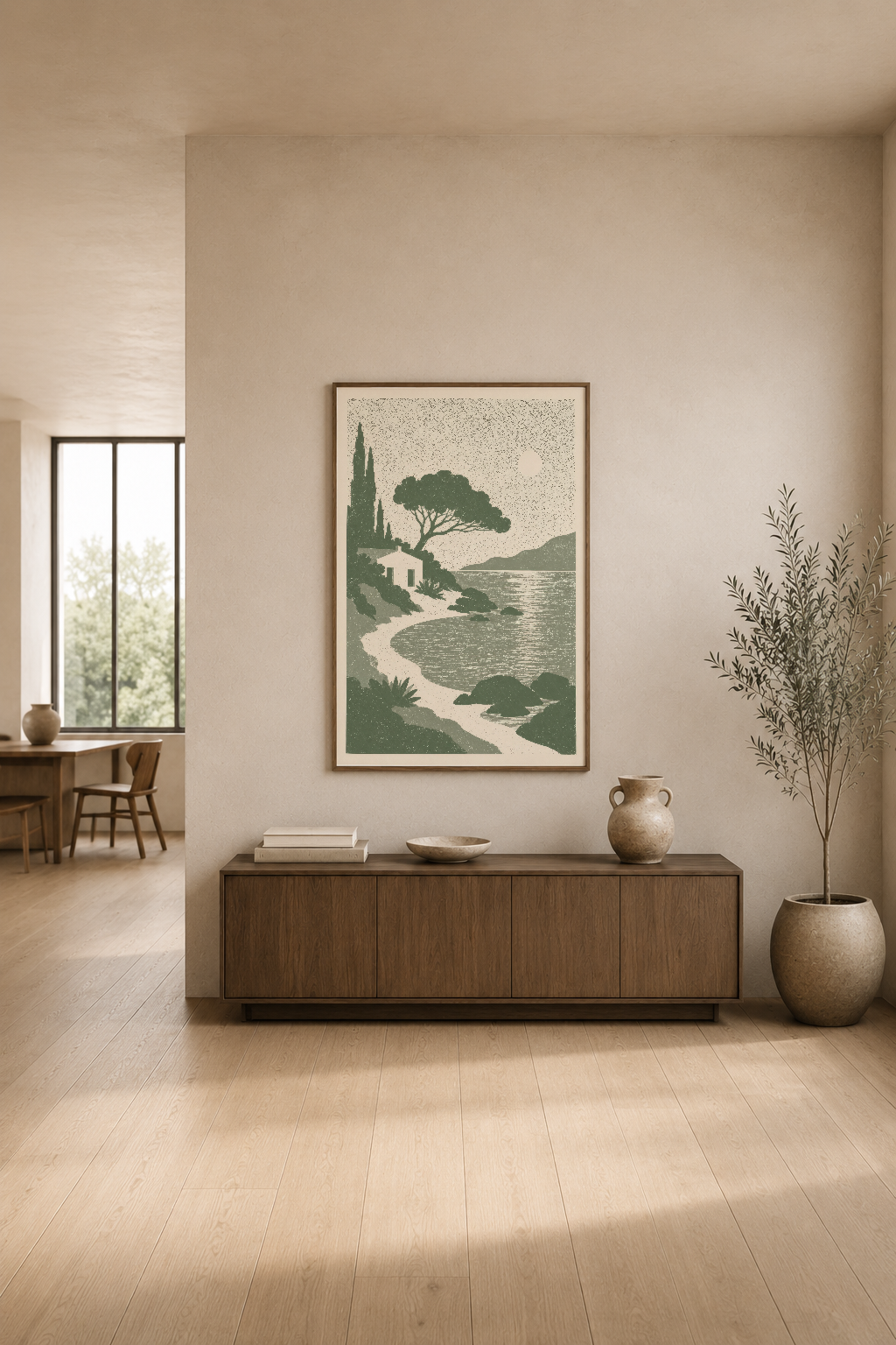 Modern oturma odasında, ahşap konsol üstünde sergilenen, kıyı manzarası özü taşıyan minimalist duvar dekorasyonu.