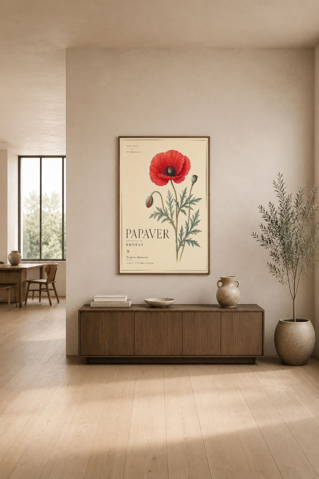 Haşhaş çiçeği desenli poster, modern oturma odasında ahşap konsol üzerinde asılı dekoratif duvar sanatı.