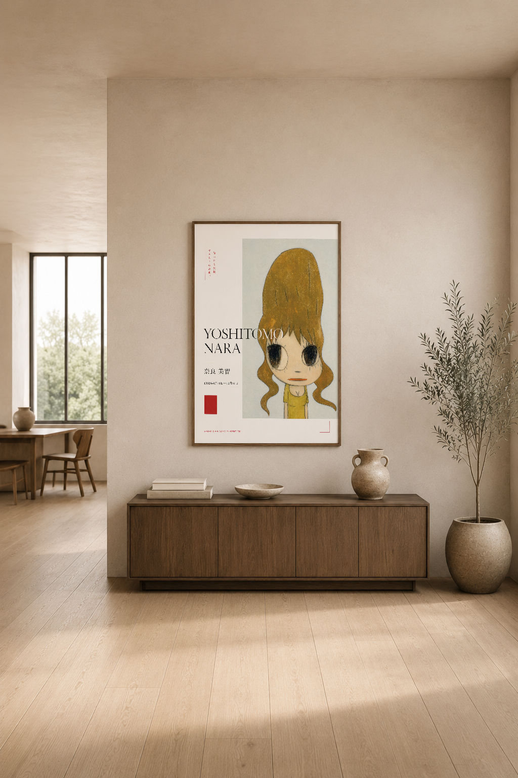 Yoshitomo Nara posterinin çağdaş oturma odasında ahşap konsol üstüne asılı gösterimi, minimalist dekorla.
