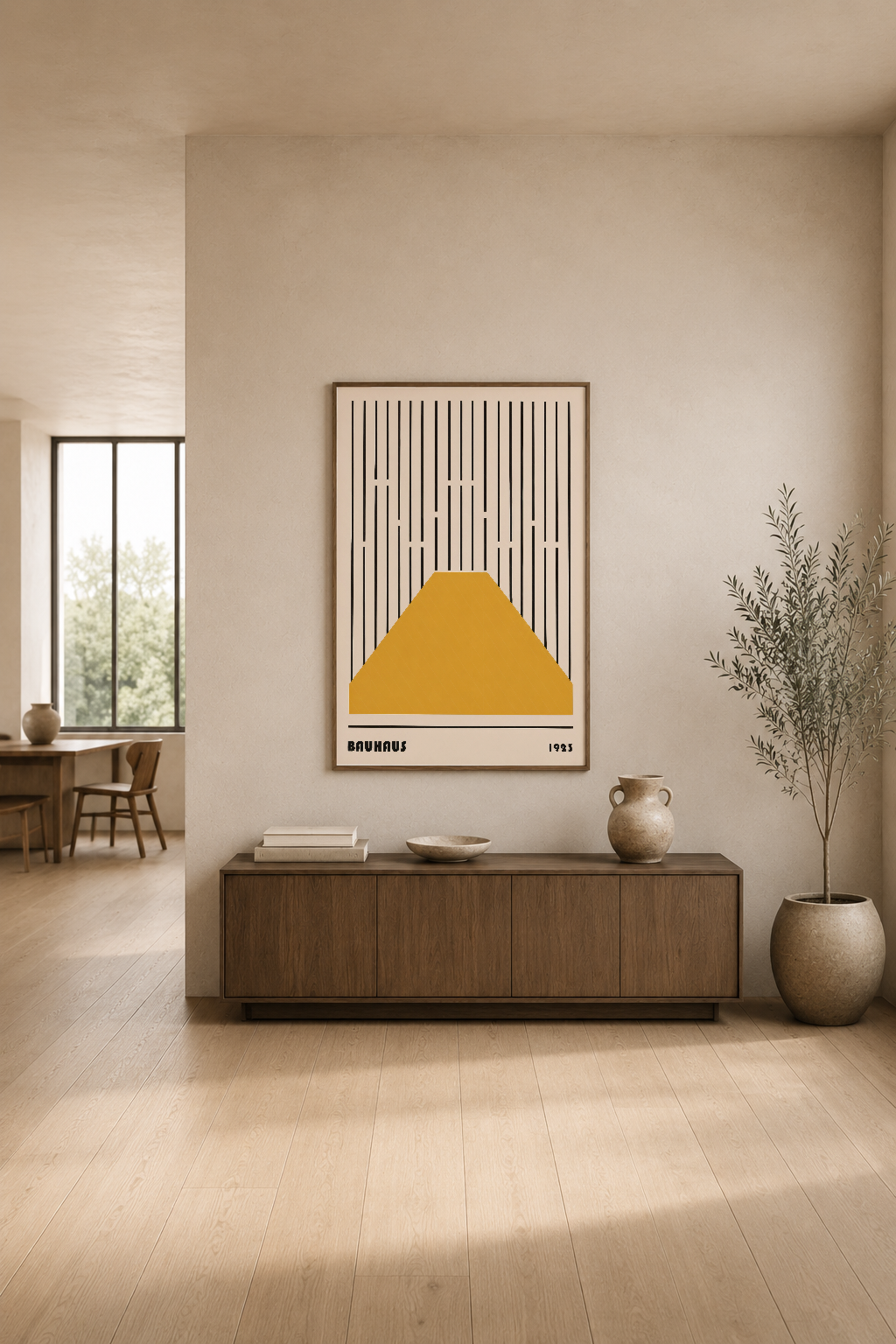 Modern oturma odasında, ahşap mobilya yanında, dikey çizgiler ve altın sarısı geometrik tasarımlı Bauhaus poster.
