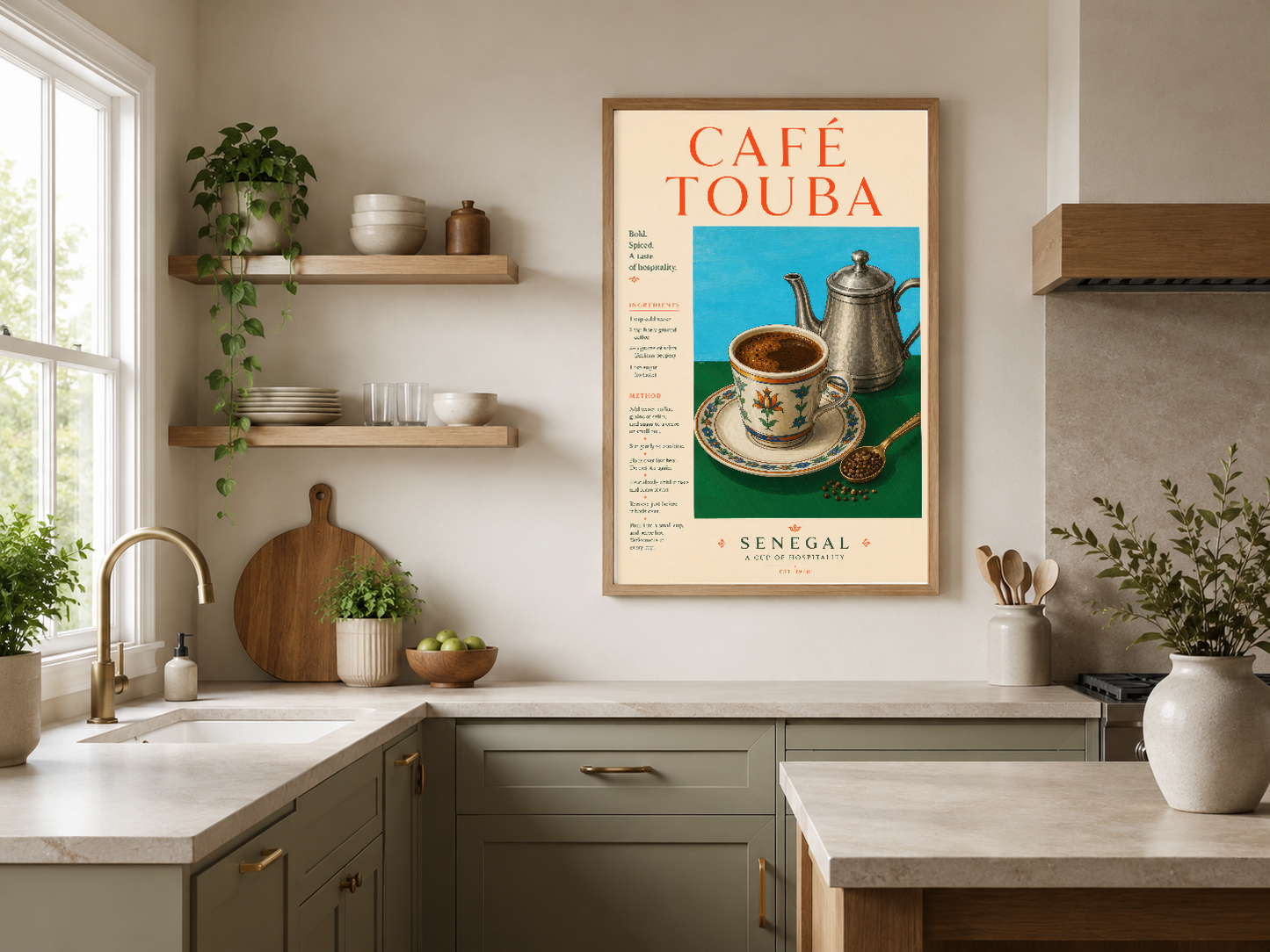 Café Touba yazılı retro poster, açık renk mutfakta duvar dekorasyonu olarak sergileniyor.