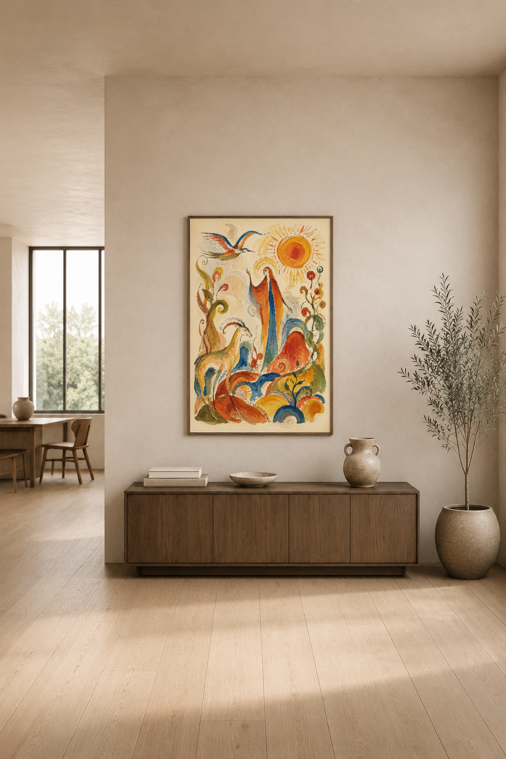 Canlı renkleriyle doğa temalı sanat tablosu, modern minimalist oturma odasının duvarında.