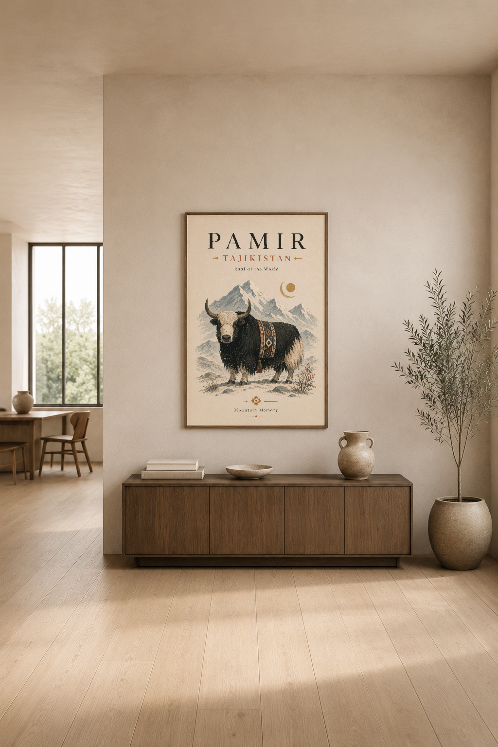 Pamir Tacikistan poster, minimalist oturma odasında, çekici yak illüstrasyonu ve dağ manzarası sunan dekoratif tablo.