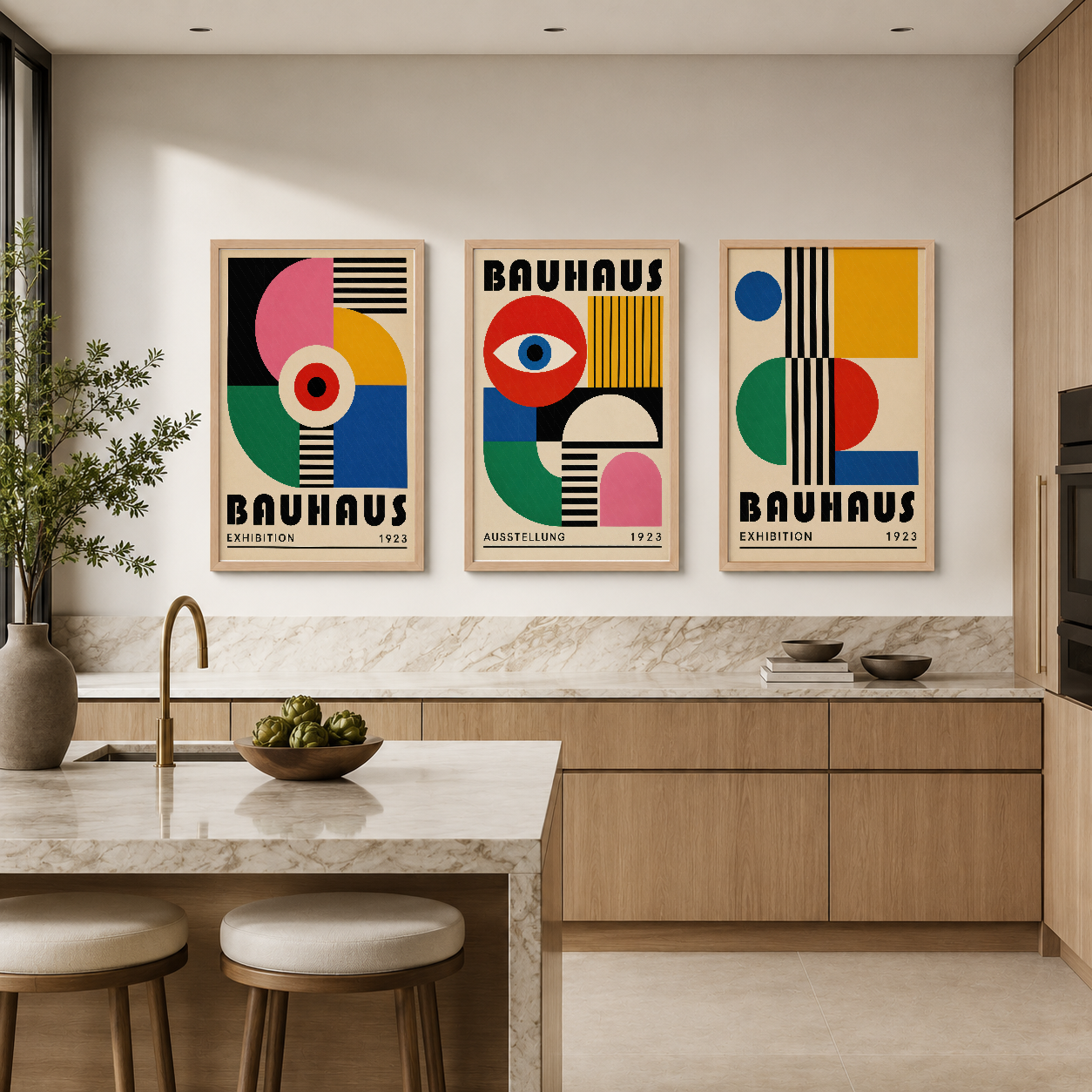 Bauhaus koleksiyonu 1923, siyah beyaz çizgiler ve renkli dairelerle modern mutfak dekorasyonu.