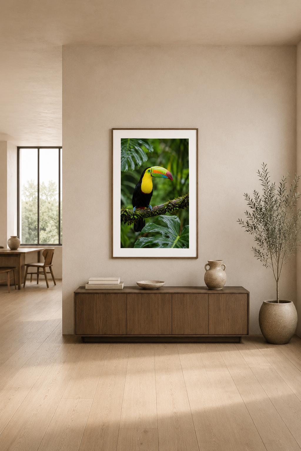 Sarı başlı tucan baskısı, ahşap mobilya yanında modern oturma odasının duvarında sergilenen poster.
