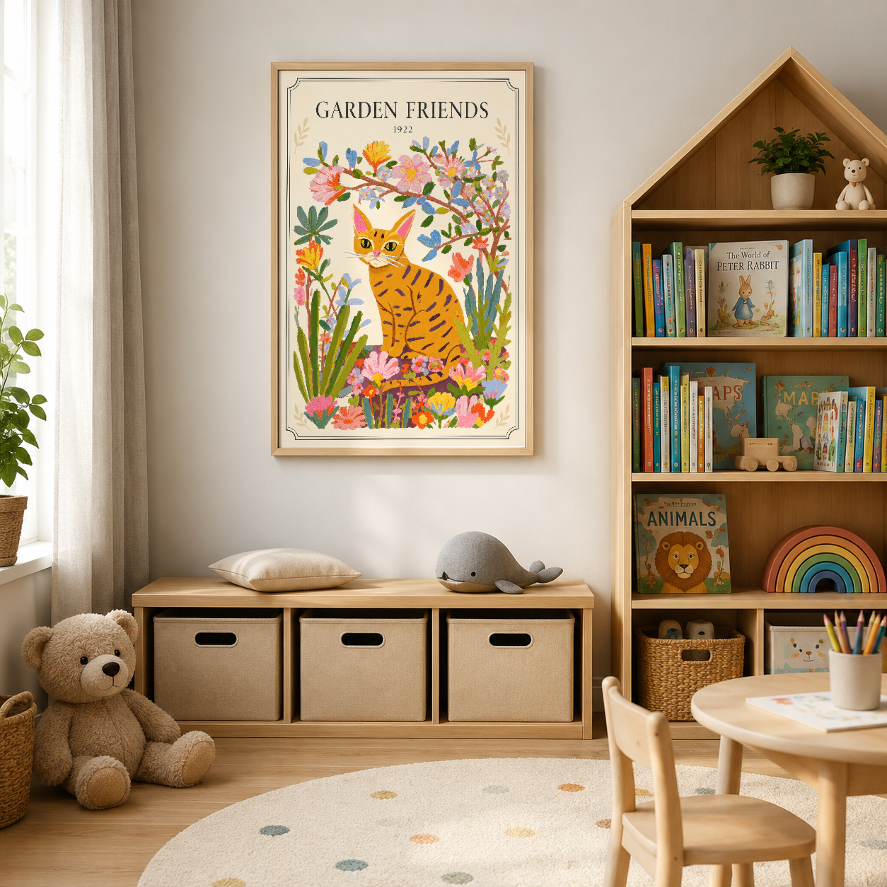 Renkli çiçek ve kedi motifli 'Garden Friends' posteri, ahşap çerçeveli olarak modern çocuk odasının duvarında yer alıyor.