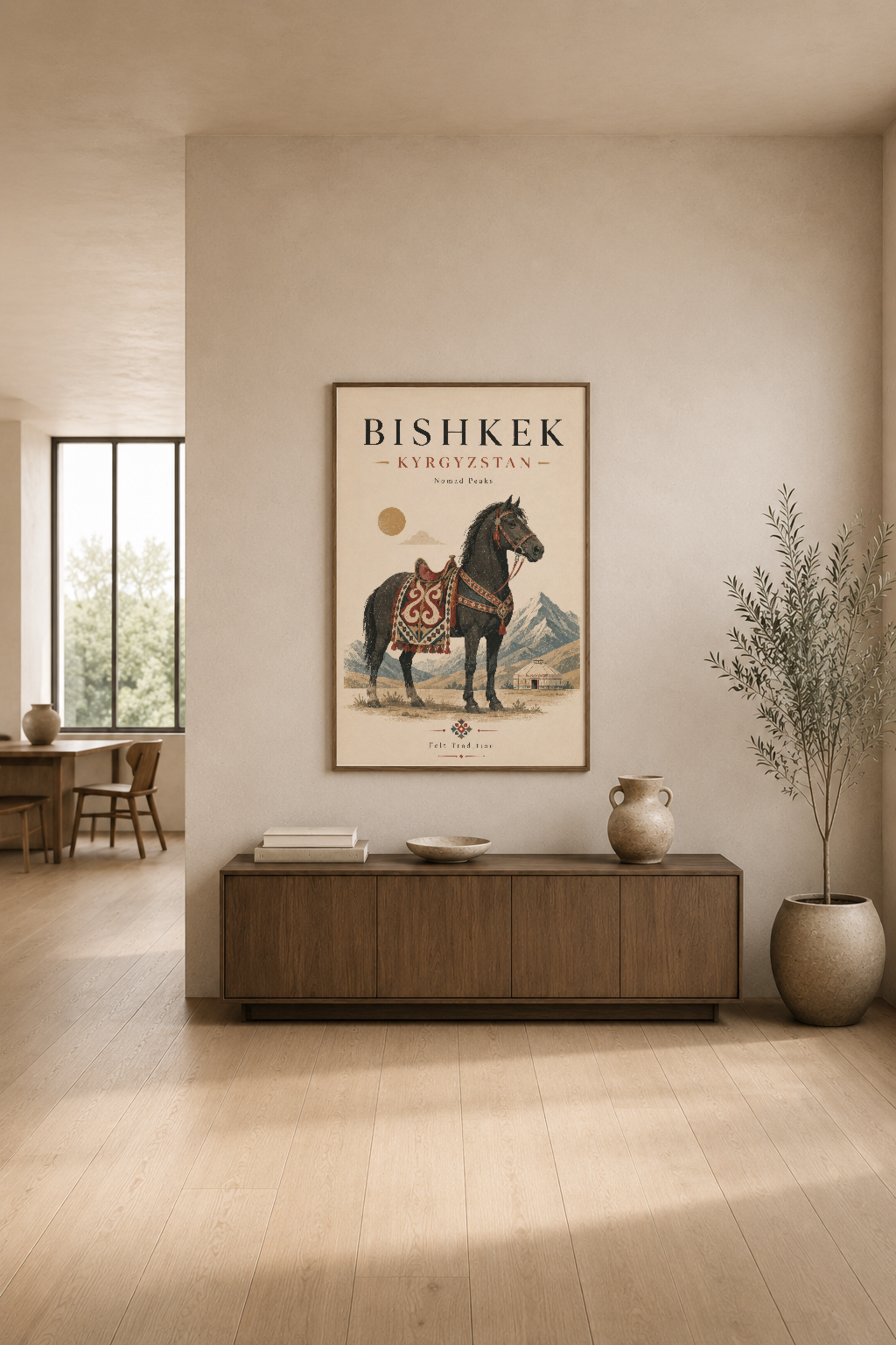 Bishkek Kırgızistan at tablosu, minimalist iç mekanda komdininin üstünde asılı duruyor.