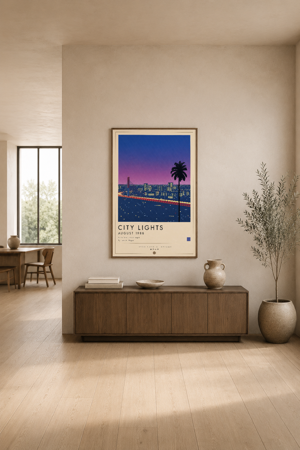 Neon mavisi ve pembe tonlarındaki şehir manzarası posteri, minimalist oturma alanında konsol üstünde yerleştirilmiş.