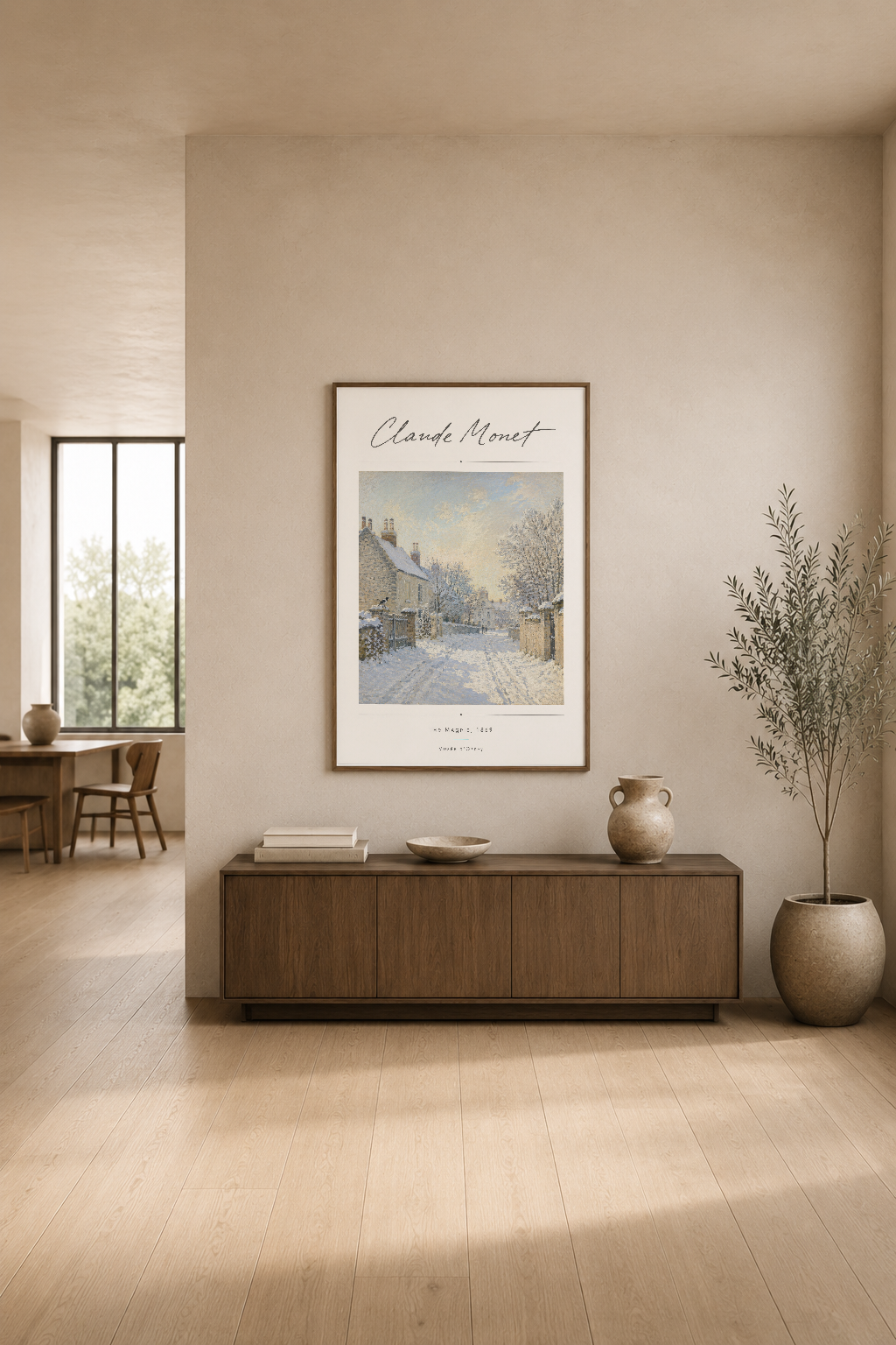 Claude Monet posteri, minimalist salon dekorasyonunda ahşap konsol üstünde asılı.