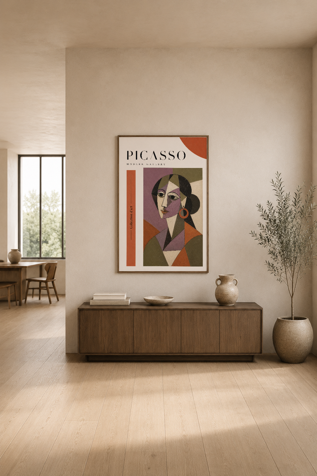 Picasso Modern Gallery tablosu, minimalist oturma odasında terracotta ve olive tonlarıyla sofistike dekorasyon aksentı