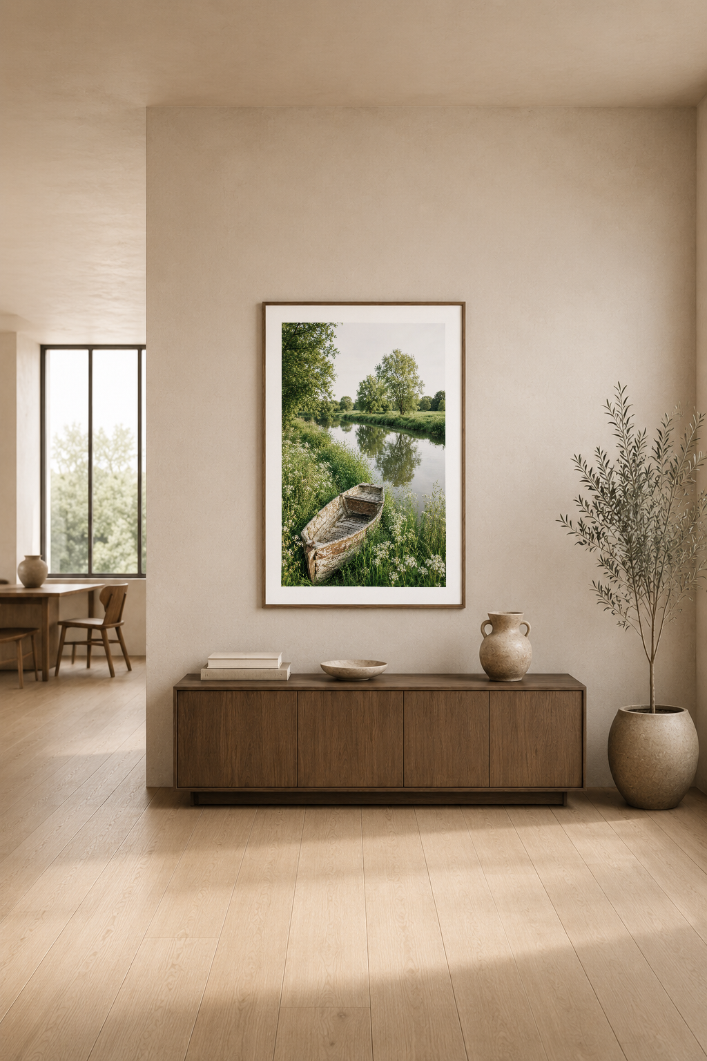 Modern minimalist oturma odasında, ahşap konsol üstünde yeşil doğa ve tekne konulu sanat eseri asılı.