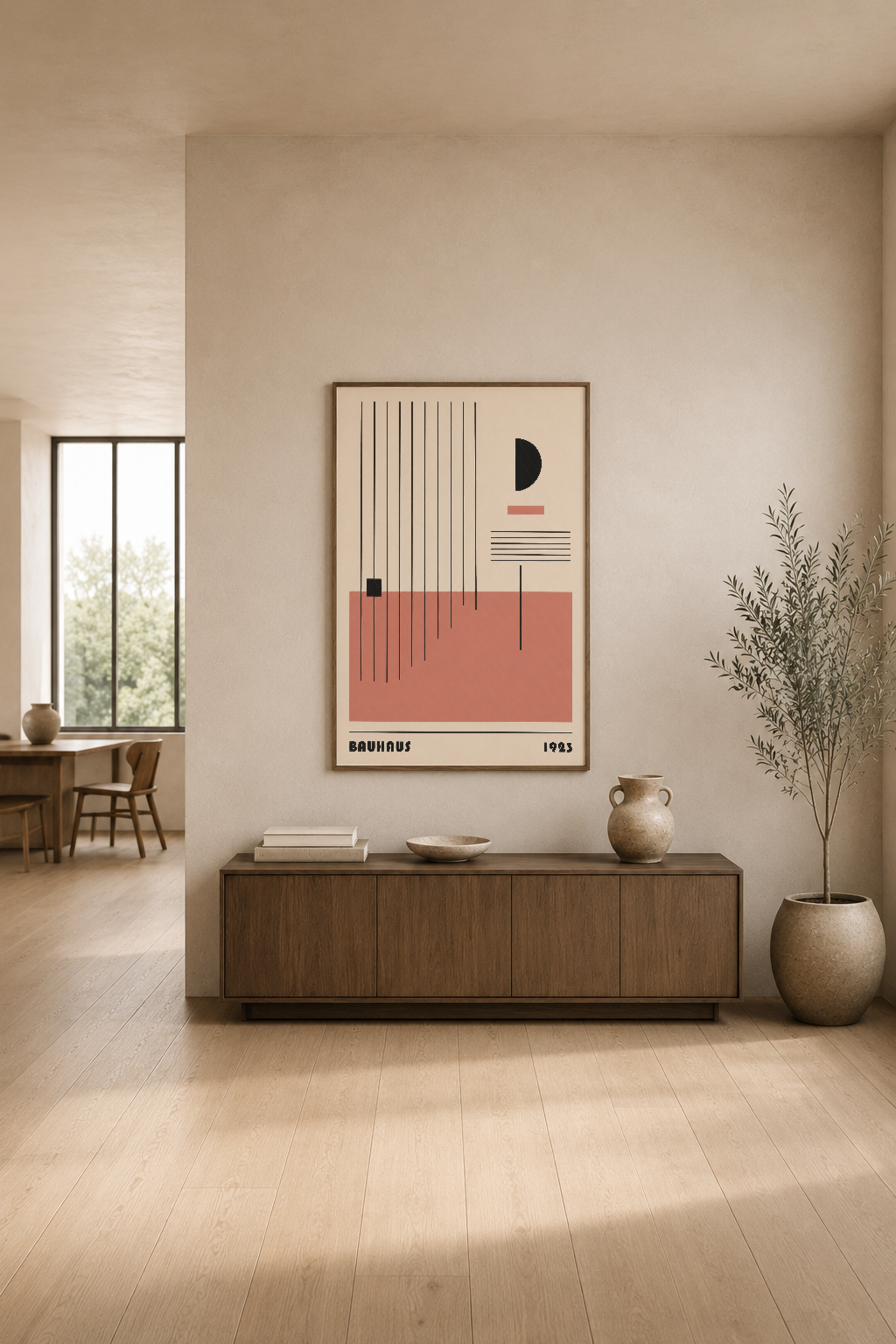 Minimalist iç tasarımda, Bauhaus ilhamlı duvar tablosu krem tonlu odanın zen atmosferini tamamlıyor.