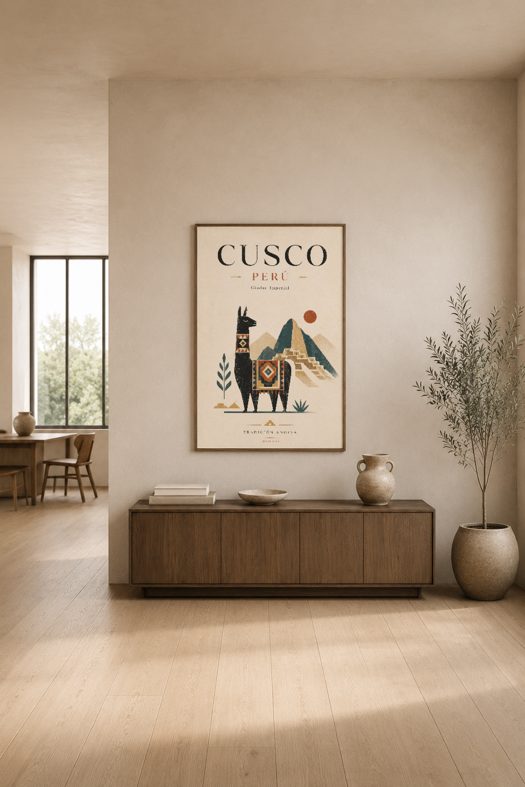 Cusco Perú duvar tablosu, modern oturma odasında, el-yapılı lama tasarımıyla Peru'nun efsanevi şehrini gösteren poster.
