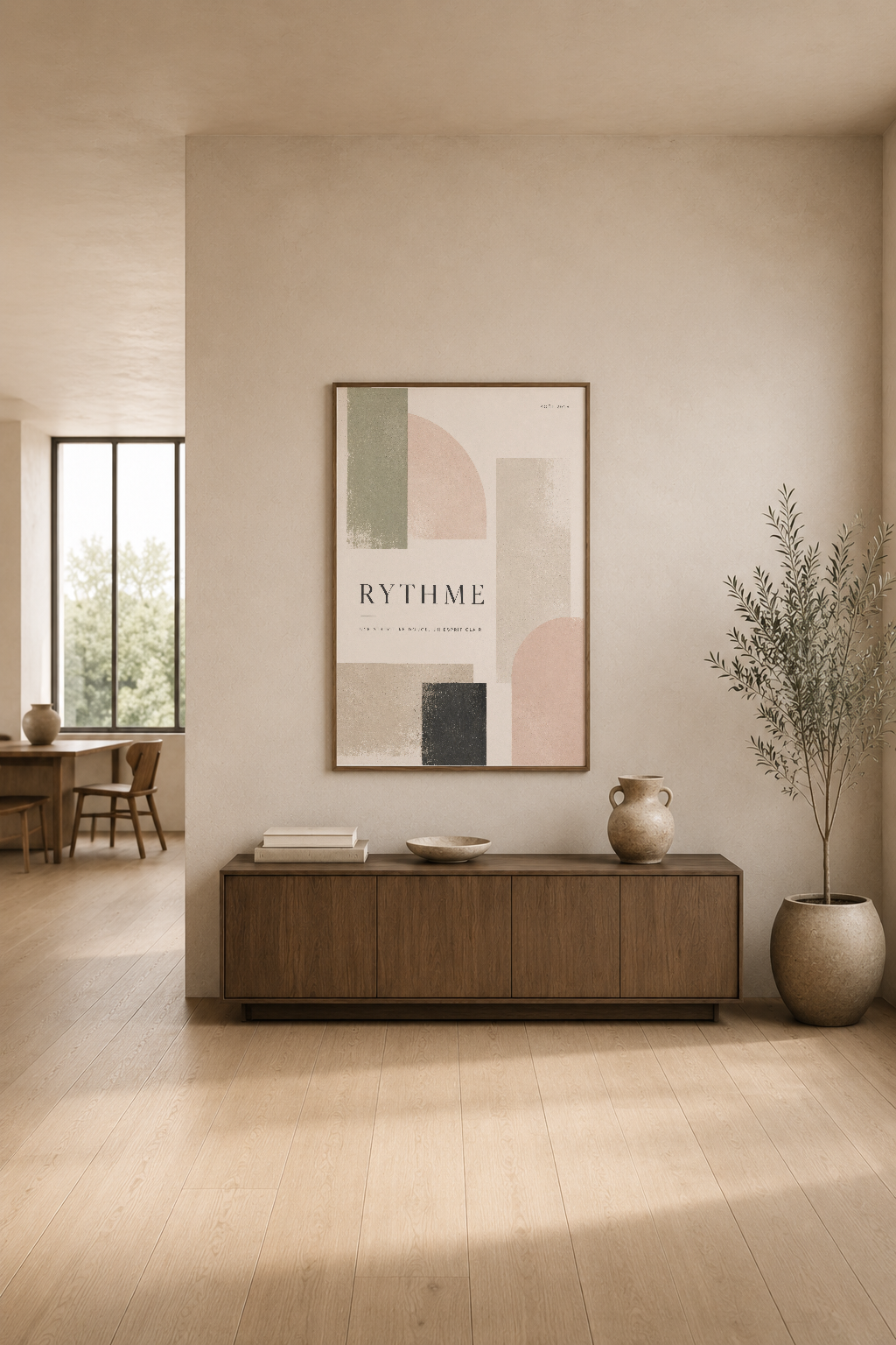 Sade modern oturma alanında ahşap mobilyenin üstünde, Rythme pastel geometrik tasarım tablosu.