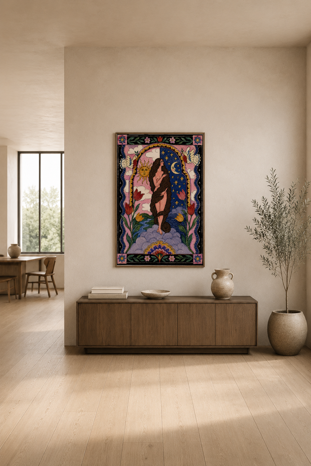 Kozmik temali sanat tablosu, modern minimalist oturma odasının duvarında sergileniyor.