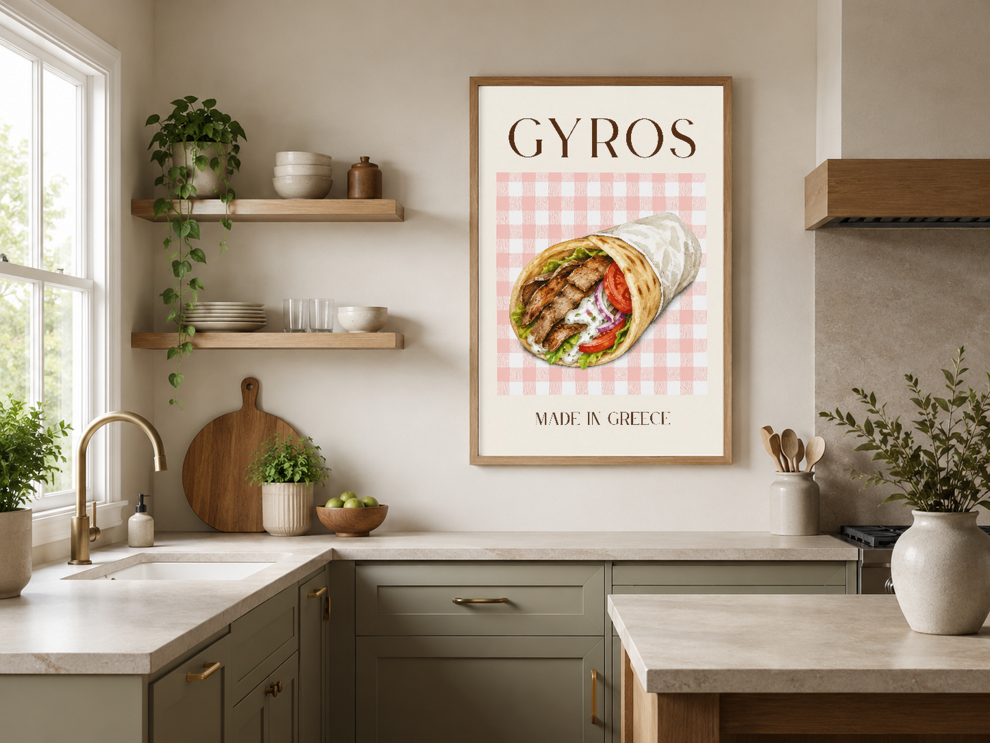 Gyros baskılı sanat tablosu, ahşap çerçevede, şık mutfak alanında duvar dekorasyonu.