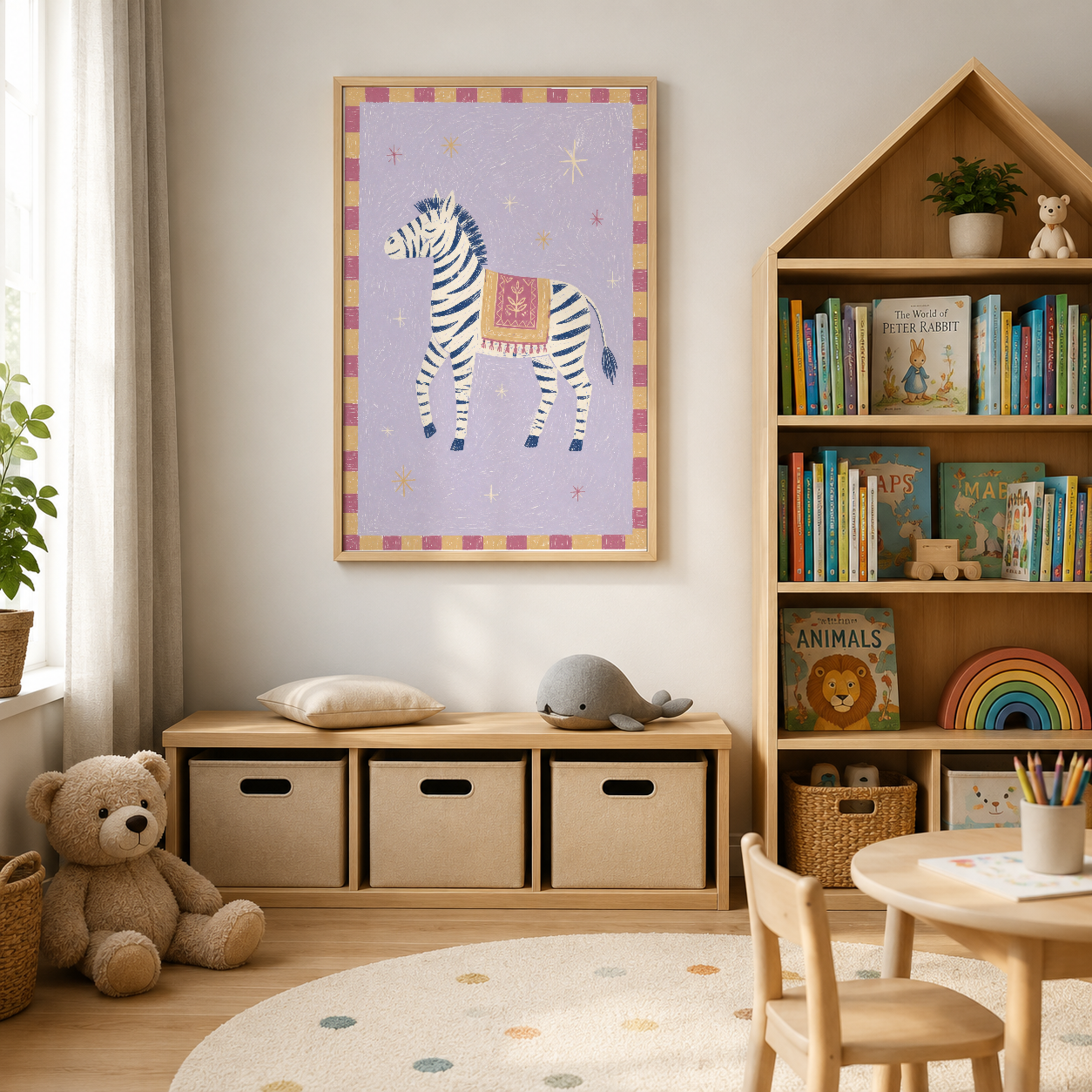 Pembe-sarı kareli çerçeveli, sevimli zebra figürlü ve gökyüzü motifleriyle bezenmiş duvar posteri.