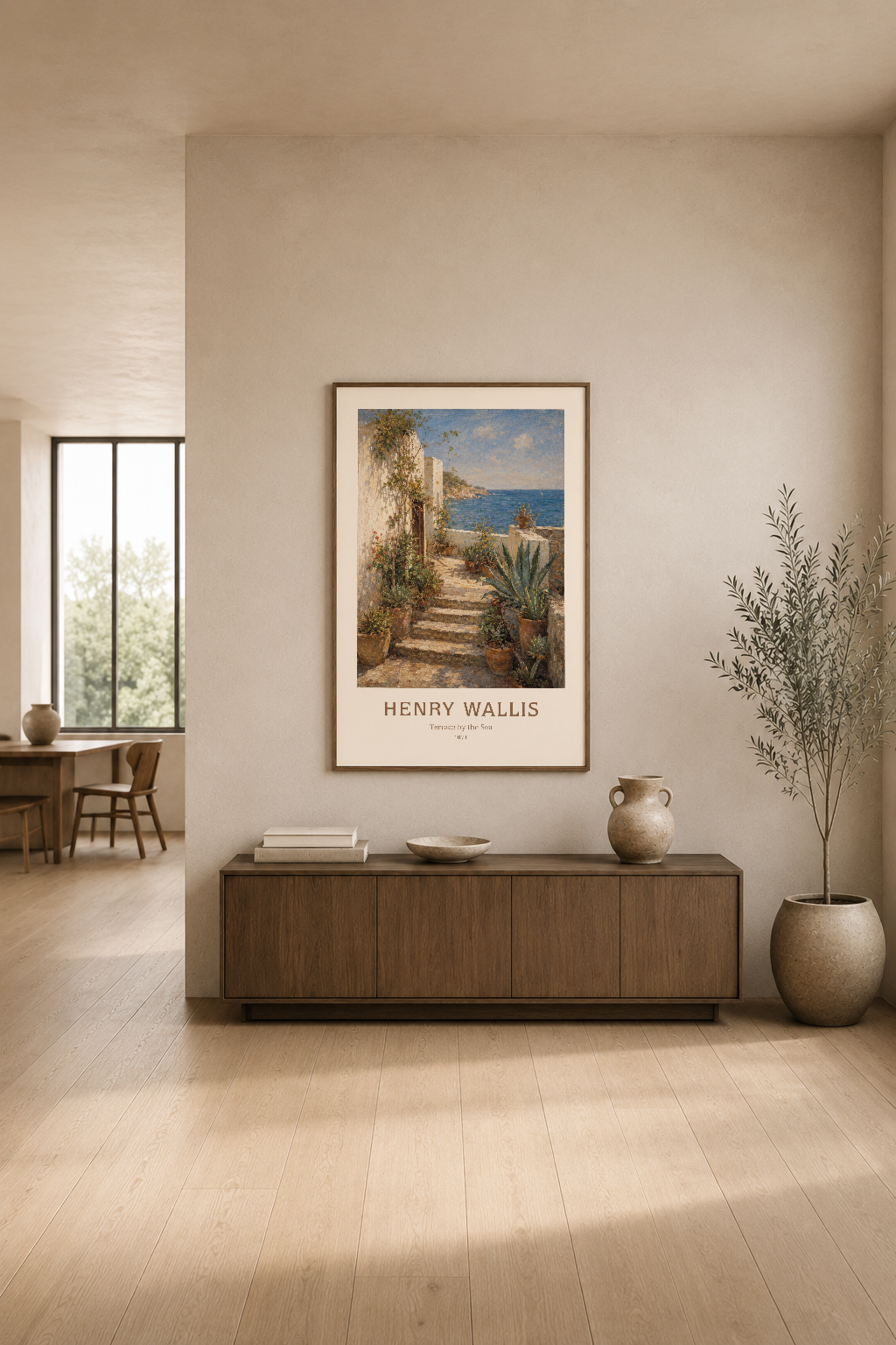 Salon duvarında sergilenen Henry Wallis poster, doğal ışık ve terra cotta vazolarla tamamlanan şık modern dekorasyon.