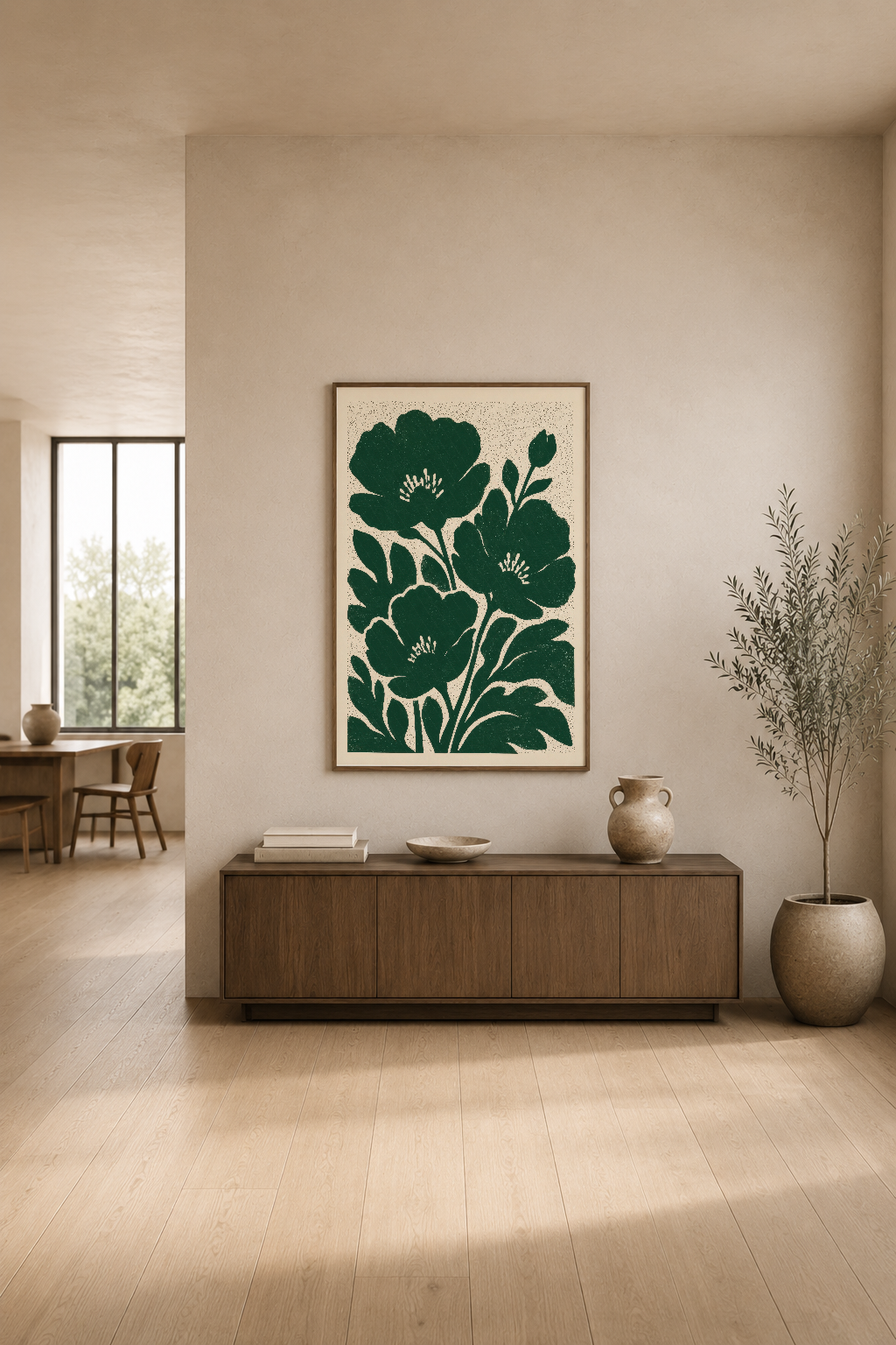 Stilize yeşil çiçekler motifli poster, modern oturma odasının duvarında dekoratif sanat olarak yer alıyor.