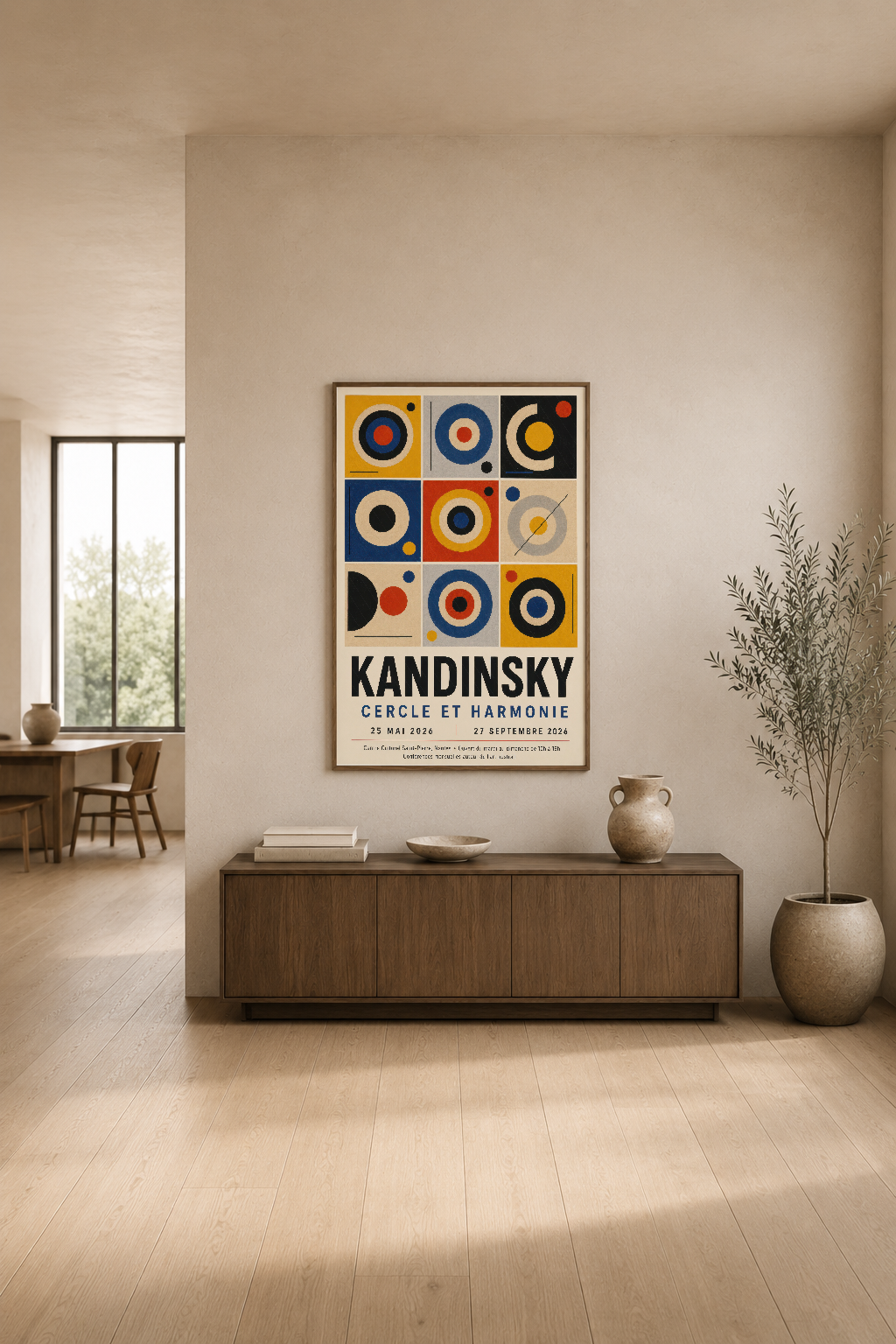 Kandinsky'nin renkli geometrik desen tablosu, modern oturma alanında sakin bir dekorasyon yaratıyor.